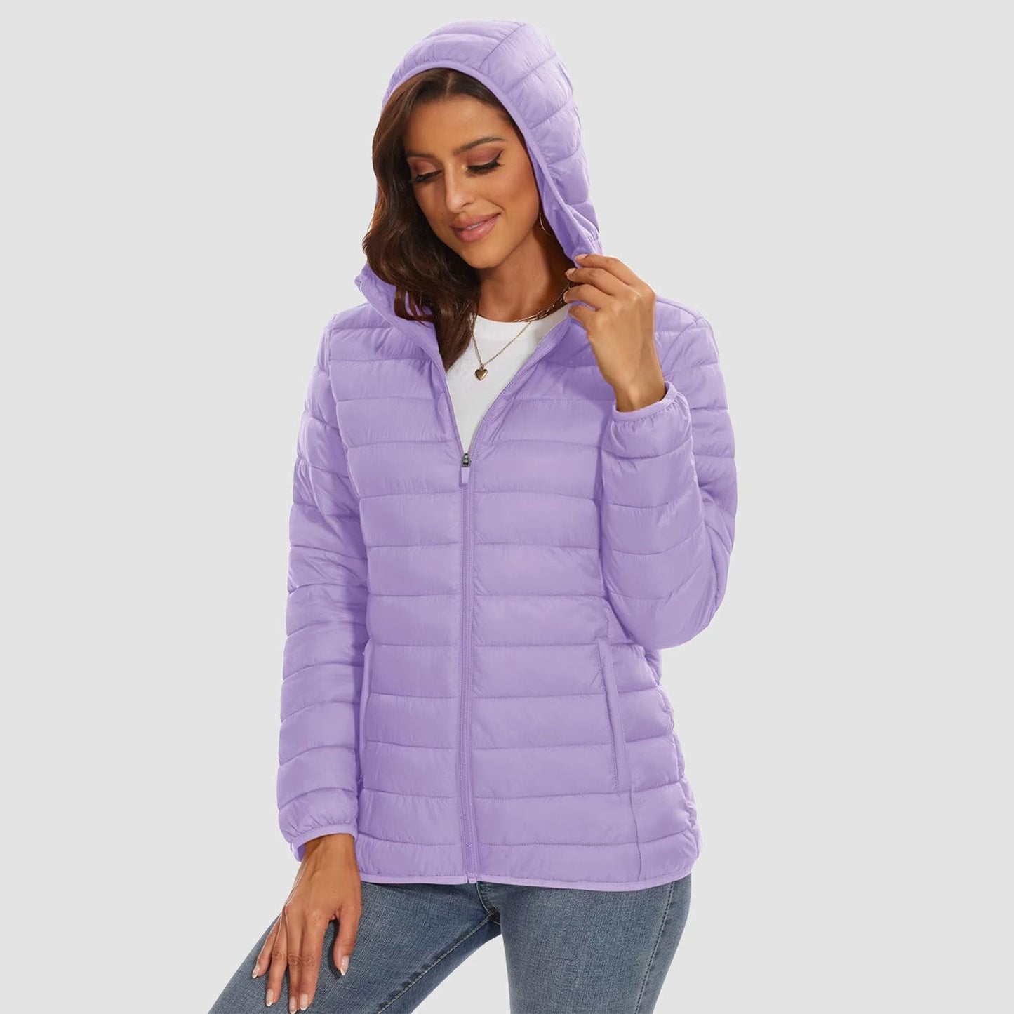 Women's Lightweight Puffer Jacket Hooded Full Zip Quilted Lined Coat for Winter