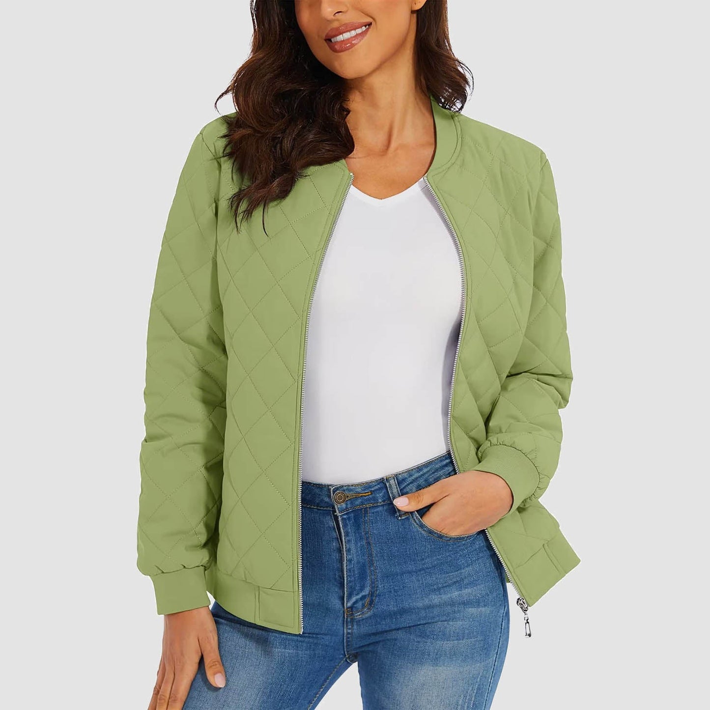 Women's Quilted Jackets Bomber Jacket with 2 Zip Pockets Puffer Casual Winter Jacket