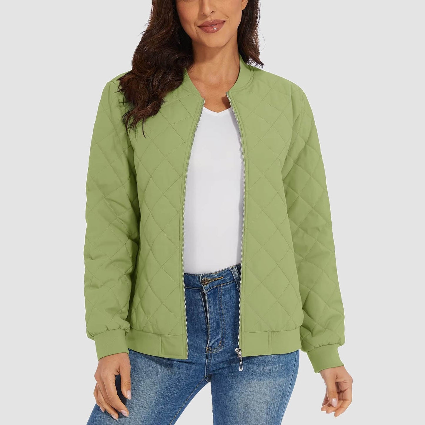 Women's Quilted Jackets Bomber Jacket with 2 Zip Pockets Puffer Casual Winter Jacket