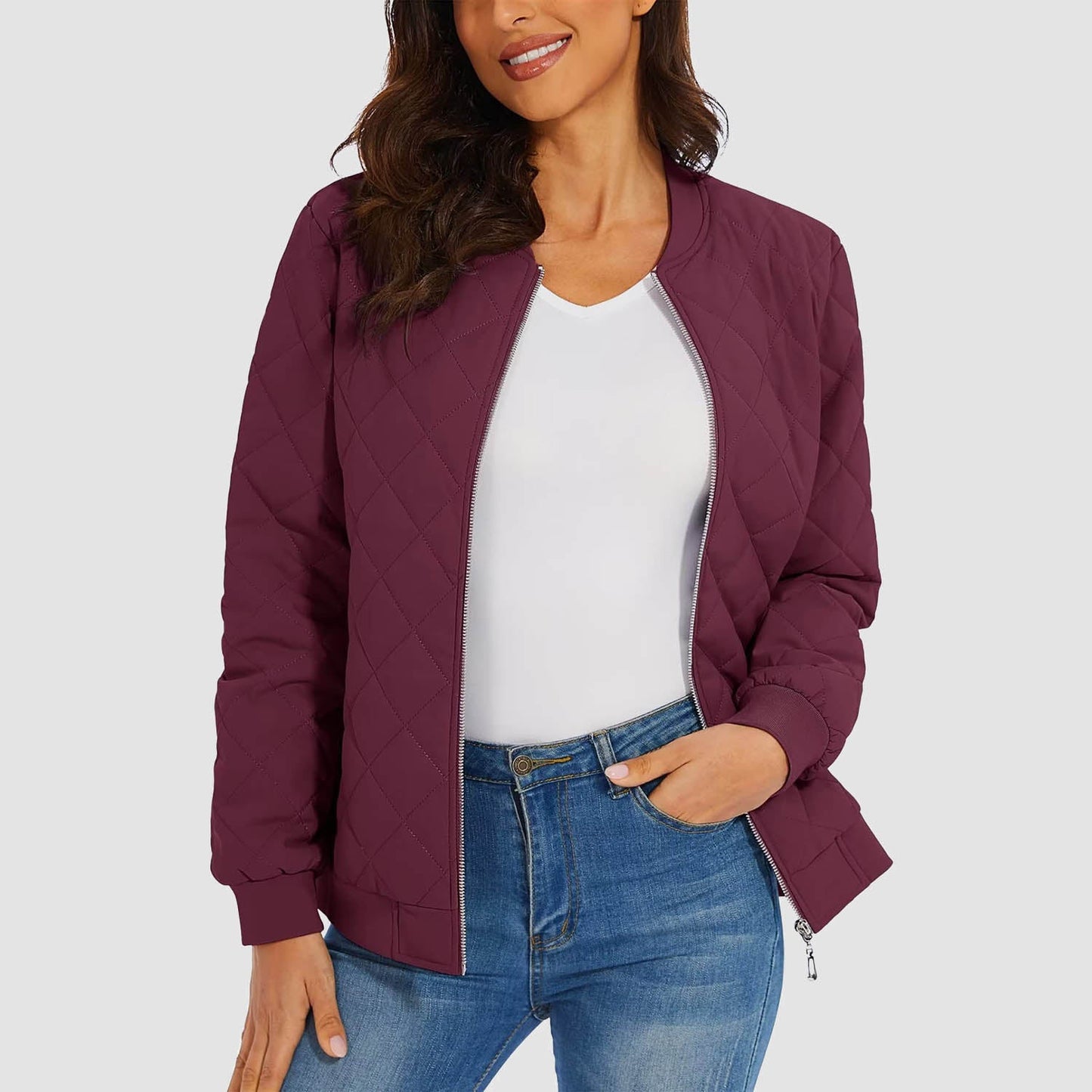 Women's Quilted Jackets Bomber Jacket with 2 Zip Pockets Puffer Casual Winter Jacket