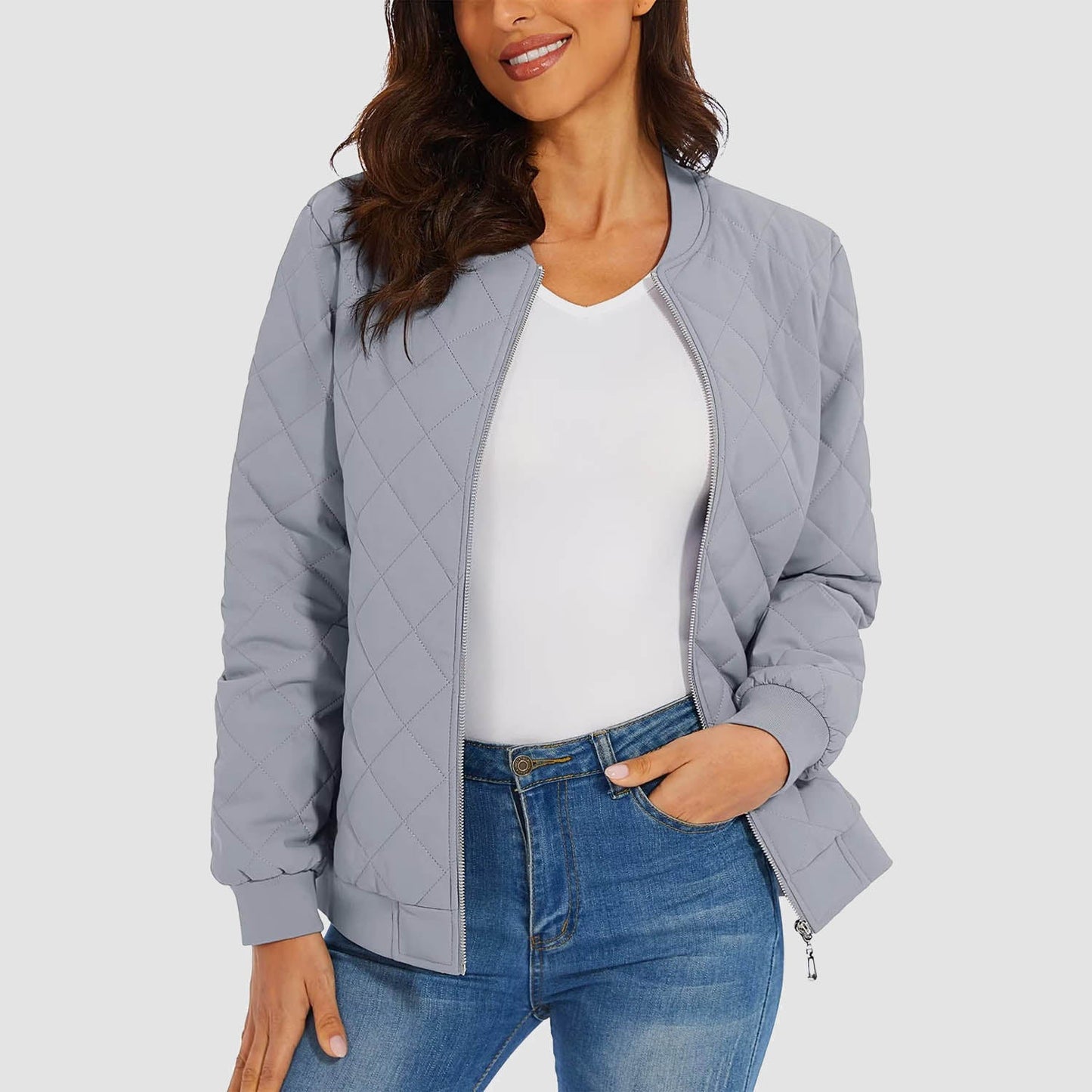 Women's Quilted Jackets Bomber Jacket with 2 Zip Pockets Puffer Casual Winter Jacket