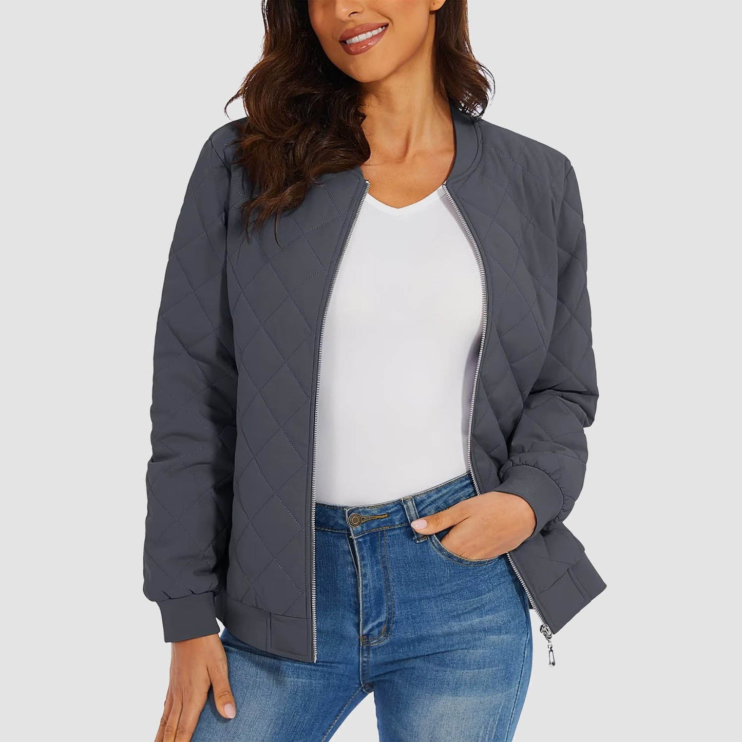 Women's Quilted Jackets Bomber Jacket with 2 Zip Pockets Puffer Casual Winter Jacket