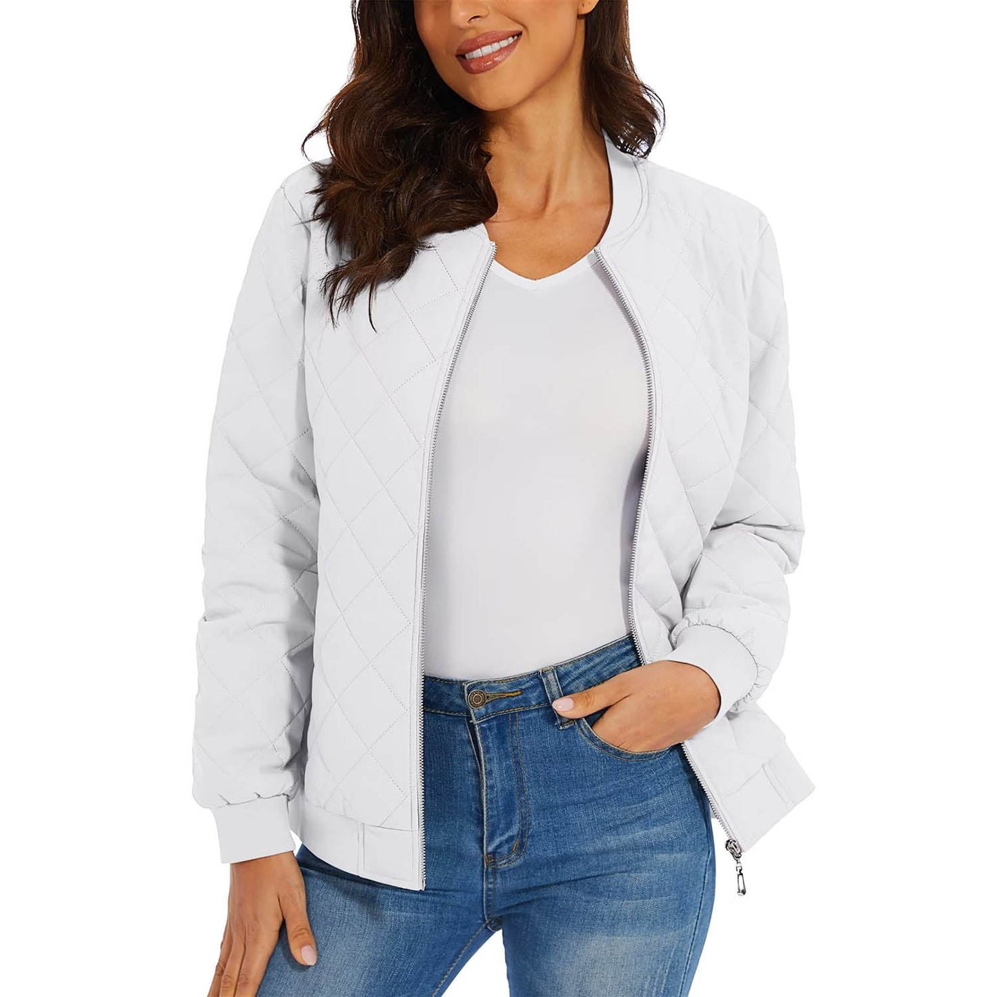 Women's Quilted Jackets Bomber Jacket with 2 Zip Pockets Puffer Casual Winter Jacket