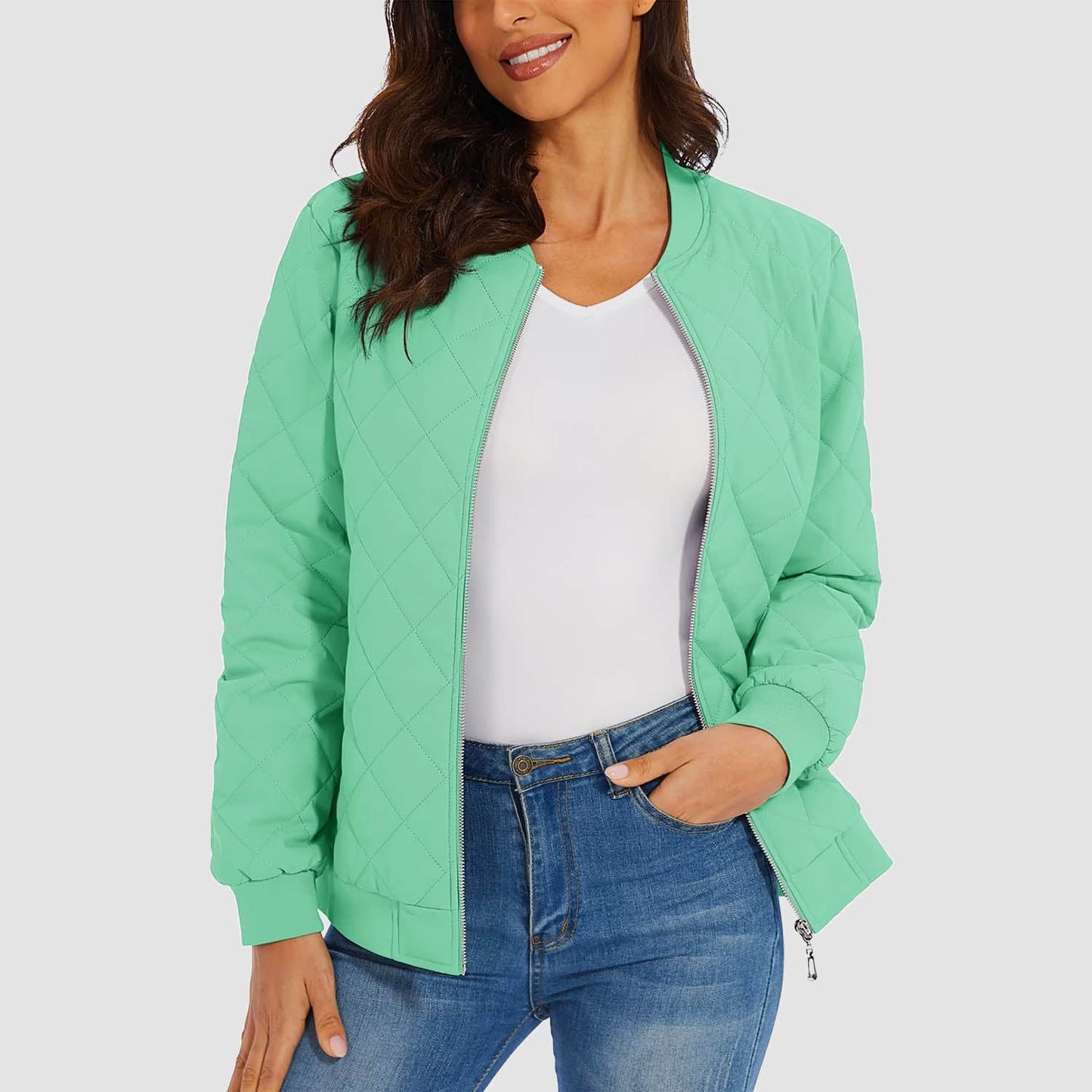 Women's Quilted Jackets Bomber Jacket with 2 Zip Pockets Puffer Casual Winter Jacket