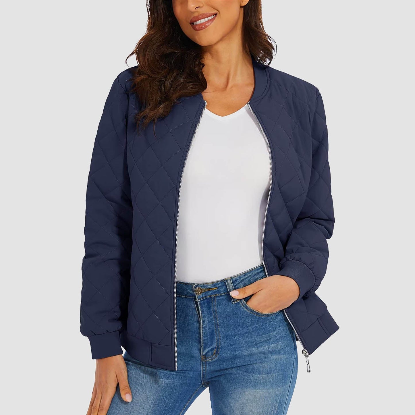 Women's Quilted Jackets Bomber Jacket with 2 Zip Pockets Puffer Casual Winter Jacket