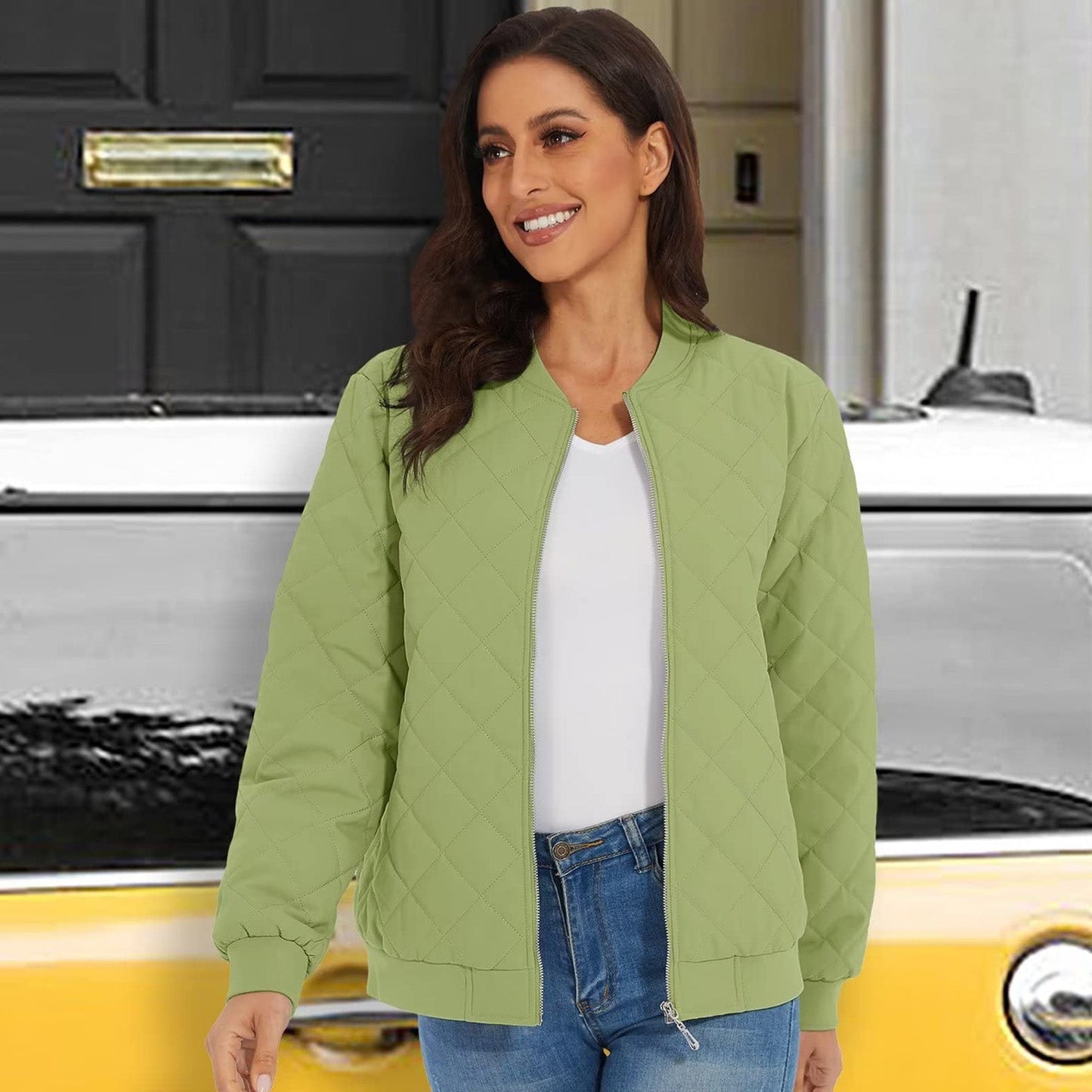 Women's Quilted Jackets Bomber Jacket with 2 Zip Pockets Puffer Casual Winter Jacket