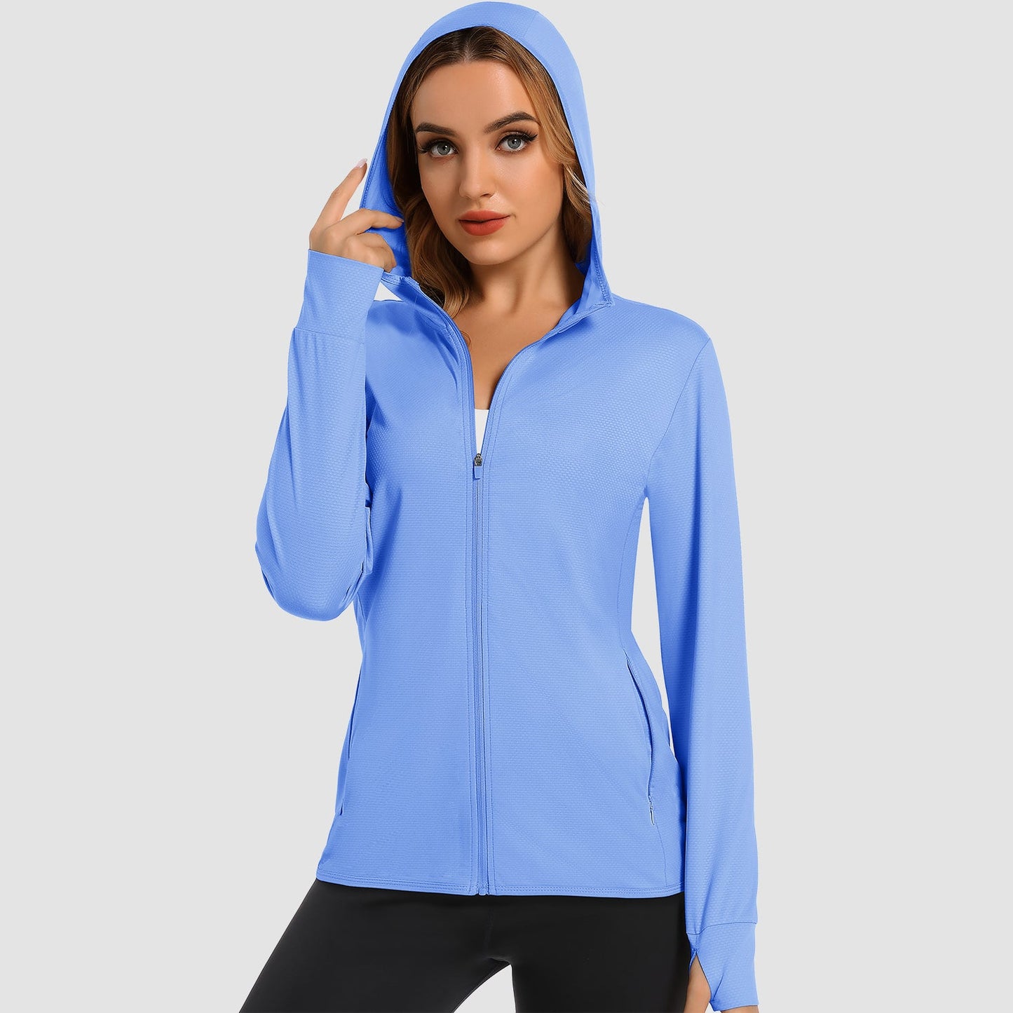 Damen UV-Sonnenschutzmantel, Hemden, langärmelig, schnelltrocknend, für Workout, Wandern, sportlich, leichte Pufferjacke mit Kapuze