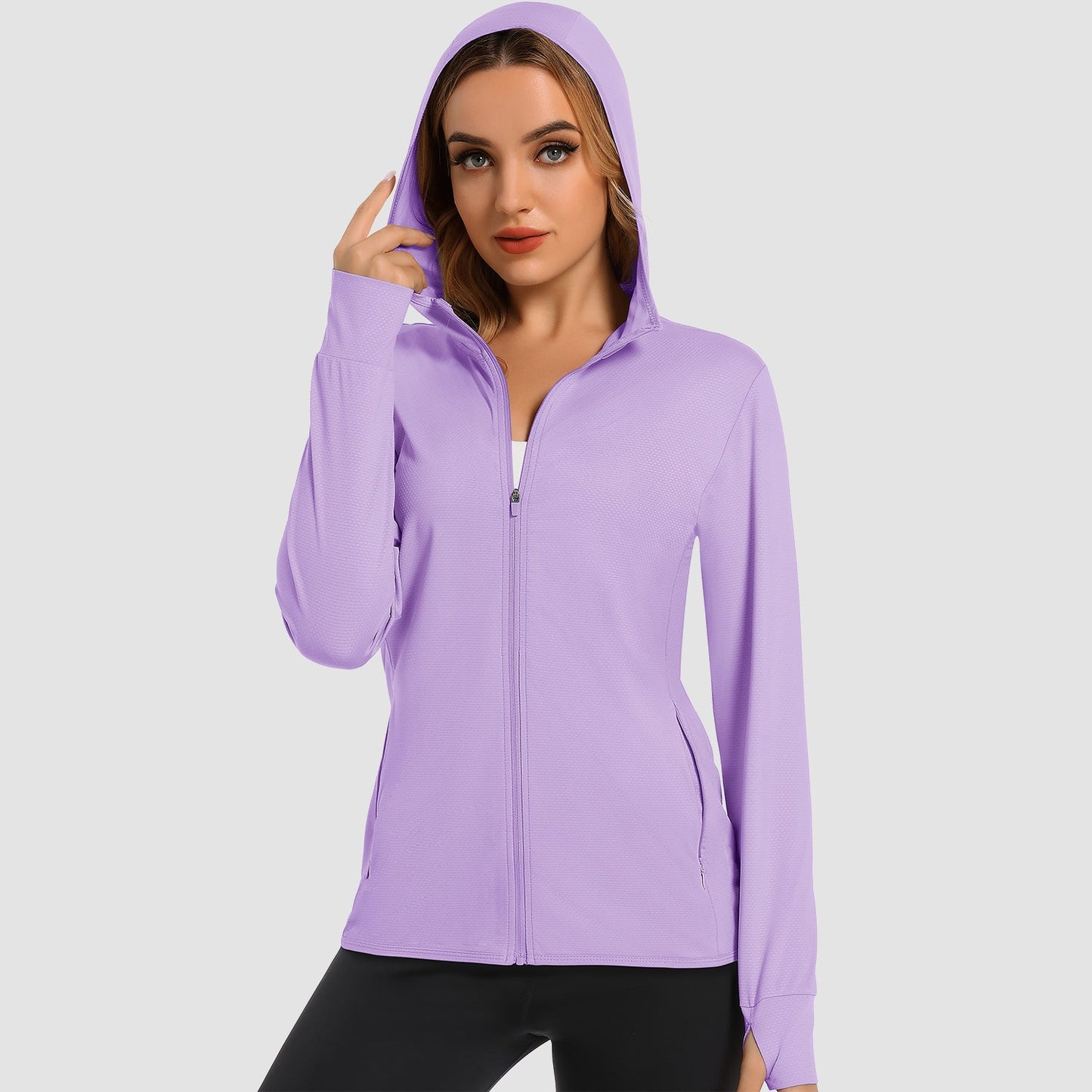 Damen UV-Sonnenschutzmantel, Hemden, langärmelig, schnelltrocknend, für Workout, Wandern, sportlich, leichte Pufferjacke mit Kapuze