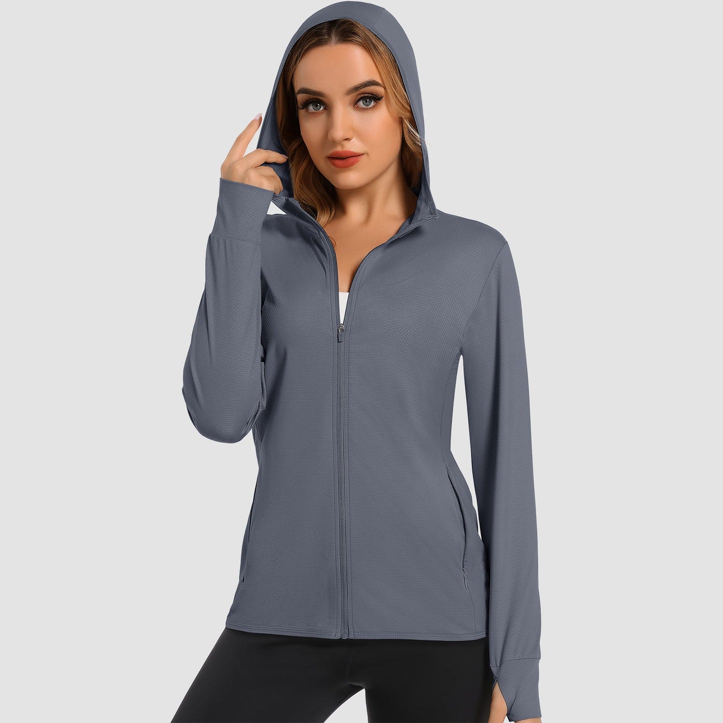 Damen UV-Sonnenschutzmantel, Hemden, langärmelig, schnelltrocknend, für Workout, Wandern, sportlich, leichte Pufferjacke mit Kapuze