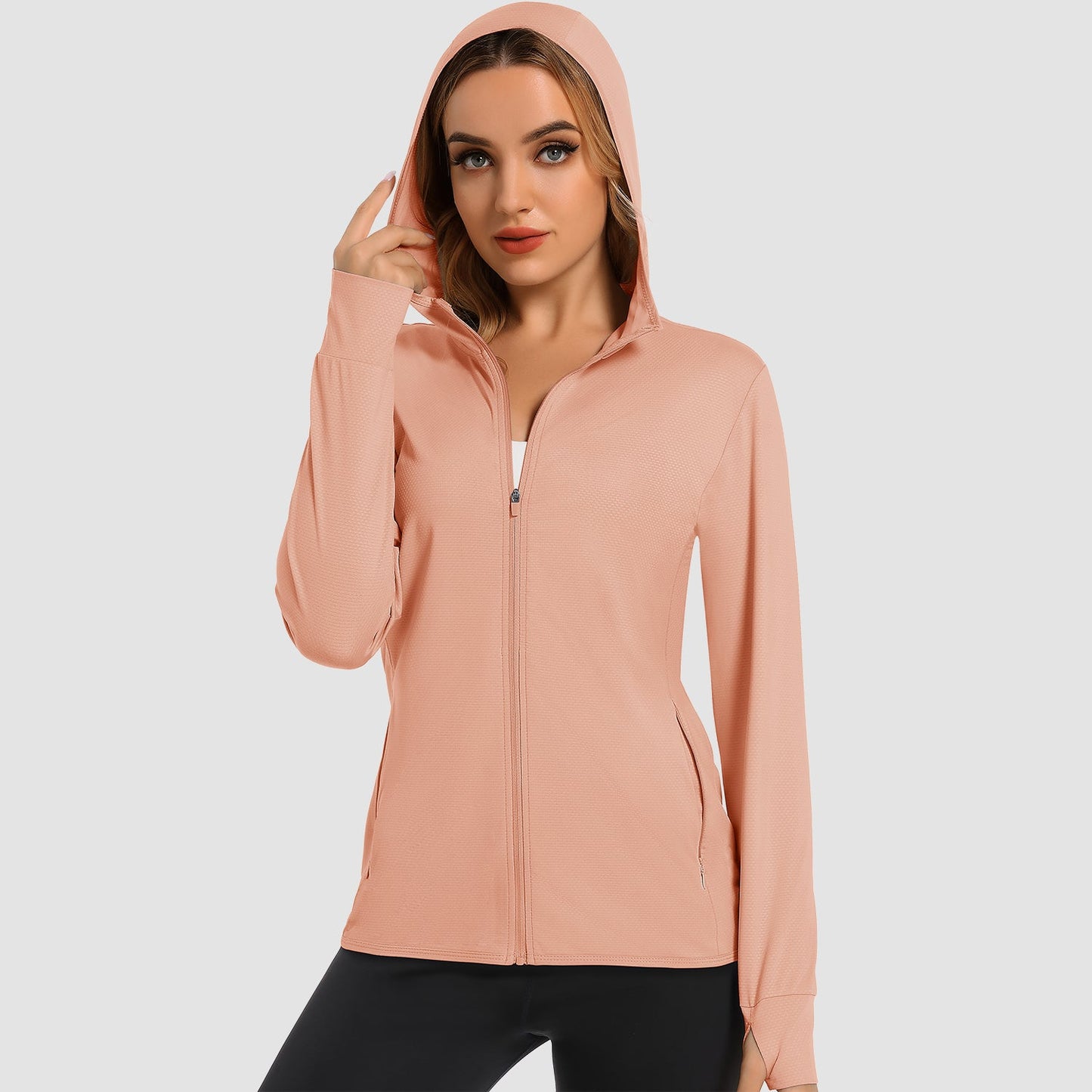 Damen UV-Sonnenschutzmantel, Hemden, langärmelig, schnelltrocknend, für Workout, Wandern, sportlich, leichte Pufferjacke mit Kapuze