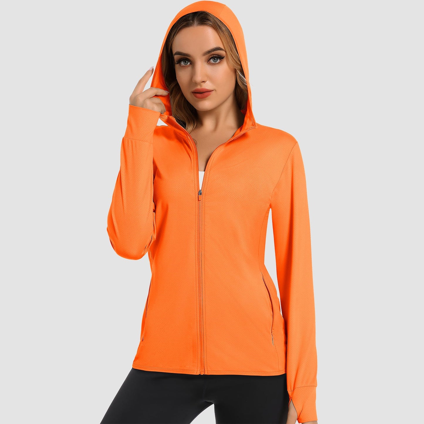 Damen UV-Sonnenschutzmantel, Hemden, langärmelig, schnelltrocknend, für Workout, Wandern, sportlich, leichte Pufferjacke mit Kapuze
