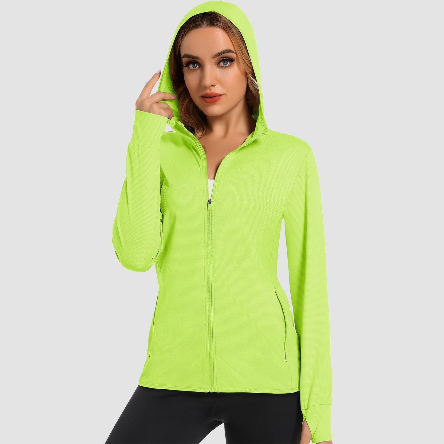 Damen UV-Sonnenschutzmantel, Hemden, langärmelig, schnelltrocknend, für Workout, Wandern, sportlich, leichte Pufferjacke mit Kapuze