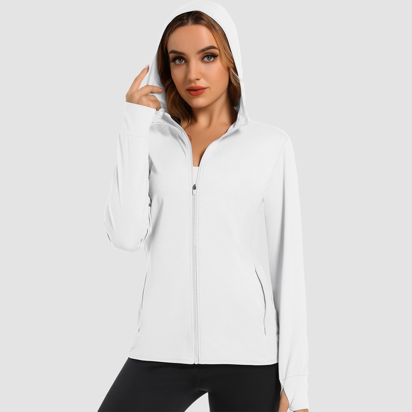 Damen UV-Sonnenschutzmantel, Hemden, langärmelig, schnelltrocknend, für Workout, Wandern, sportlich, leichte Pufferjacke mit Kapuze
