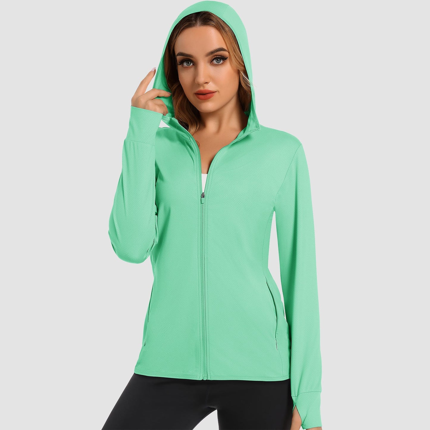 Damen UV-Sonnenschutzmantel, Hemden, langärmelig, schnelltrocknend, für Workout, Wandern, sportlich, leichte Pufferjacke mit Kapuze