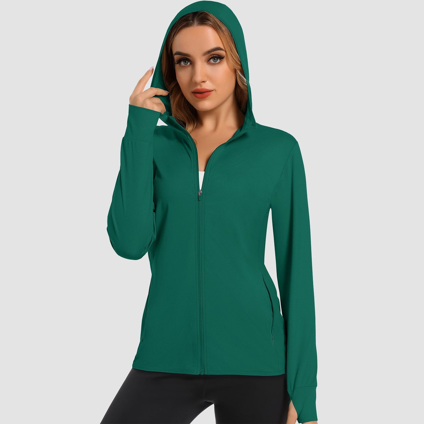 Damen UV-Sonnenschutzmantel, Hemden, langärmelig, schnelltrocknend, für Workout, Wandern, sportlich, leichte Pufferjacke mit Kapuze