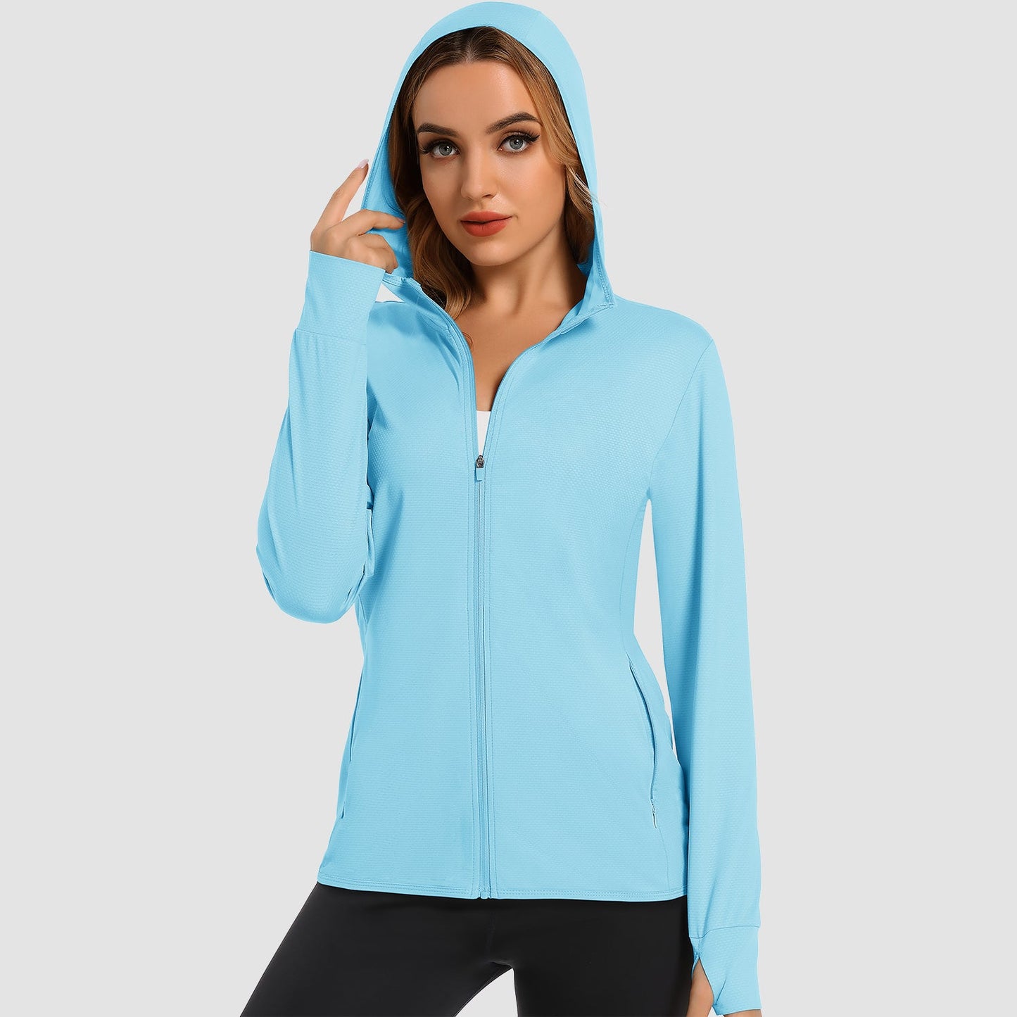 Damen UV-Sonnenschutzmantel, Hemden, langärmelig, schnelltrocknend, für Workout, Wandern, sportlich, leichte Pufferjacke mit Kapuze
