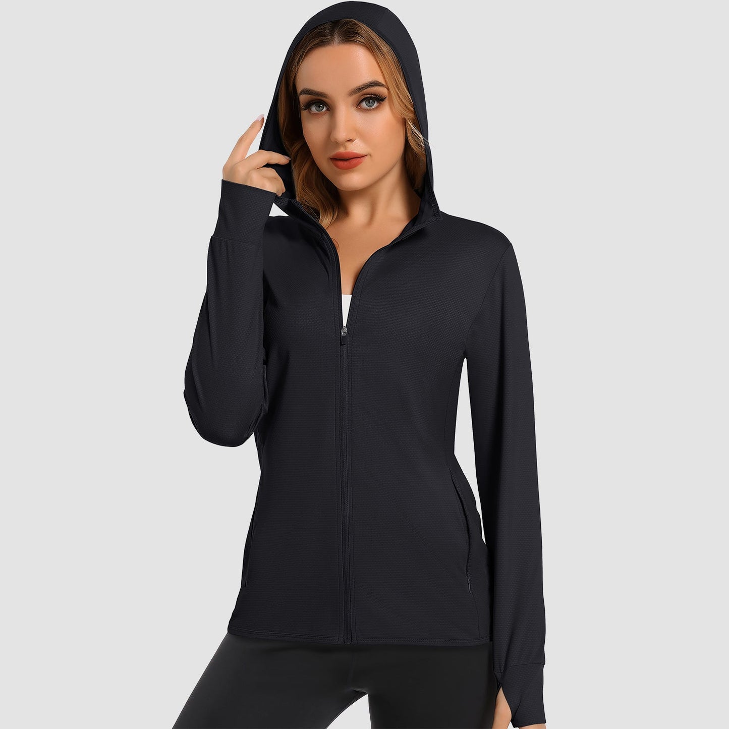Damen UV-Sonnenschutzmantel, Hemden, langärmelig, schnelltrocknend, für Workout, Wandern, sportlich, leichte Pufferjacke mit Kapuze