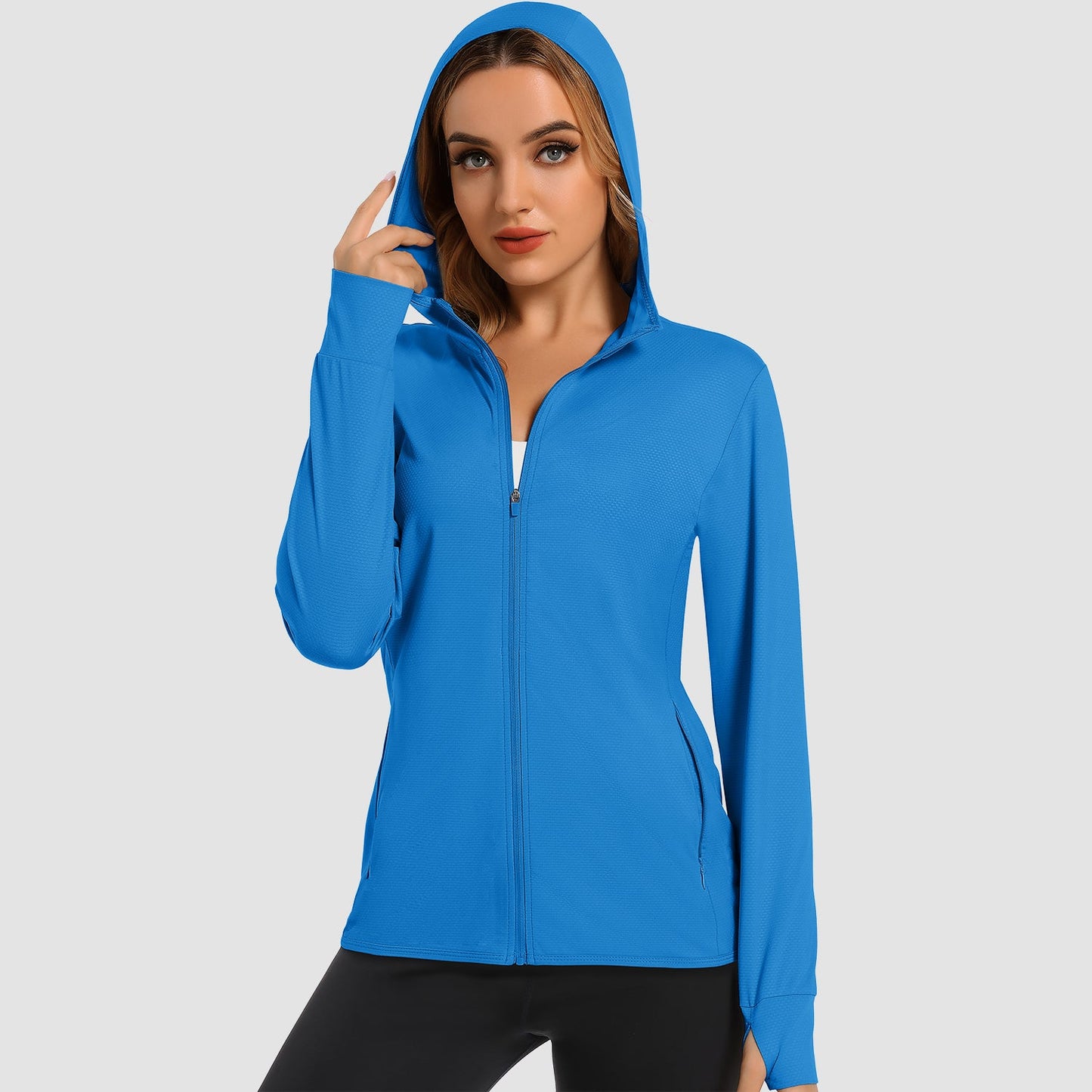 Damen UV-Sonnenschutzmantel, Hemden, langärmelig, schnelltrocknend, für Workout, Wandern, sportlich, leichte Pufferjacke mit Kapuze