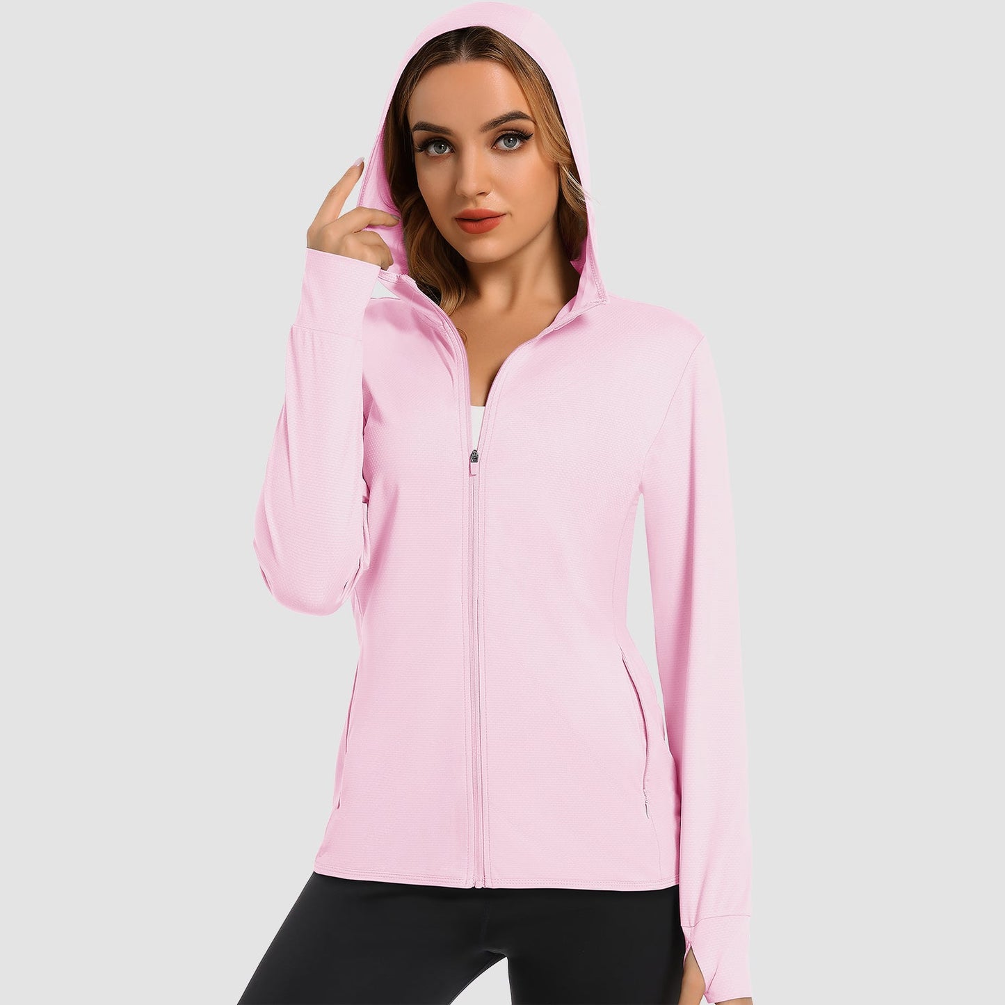 Damen UV-Sonnenschutzmantel, Hemden, langärmelig, schnelltrocknend, für Workout, Wandern, sportlich, leichte Pufferjacke mit Kapuze