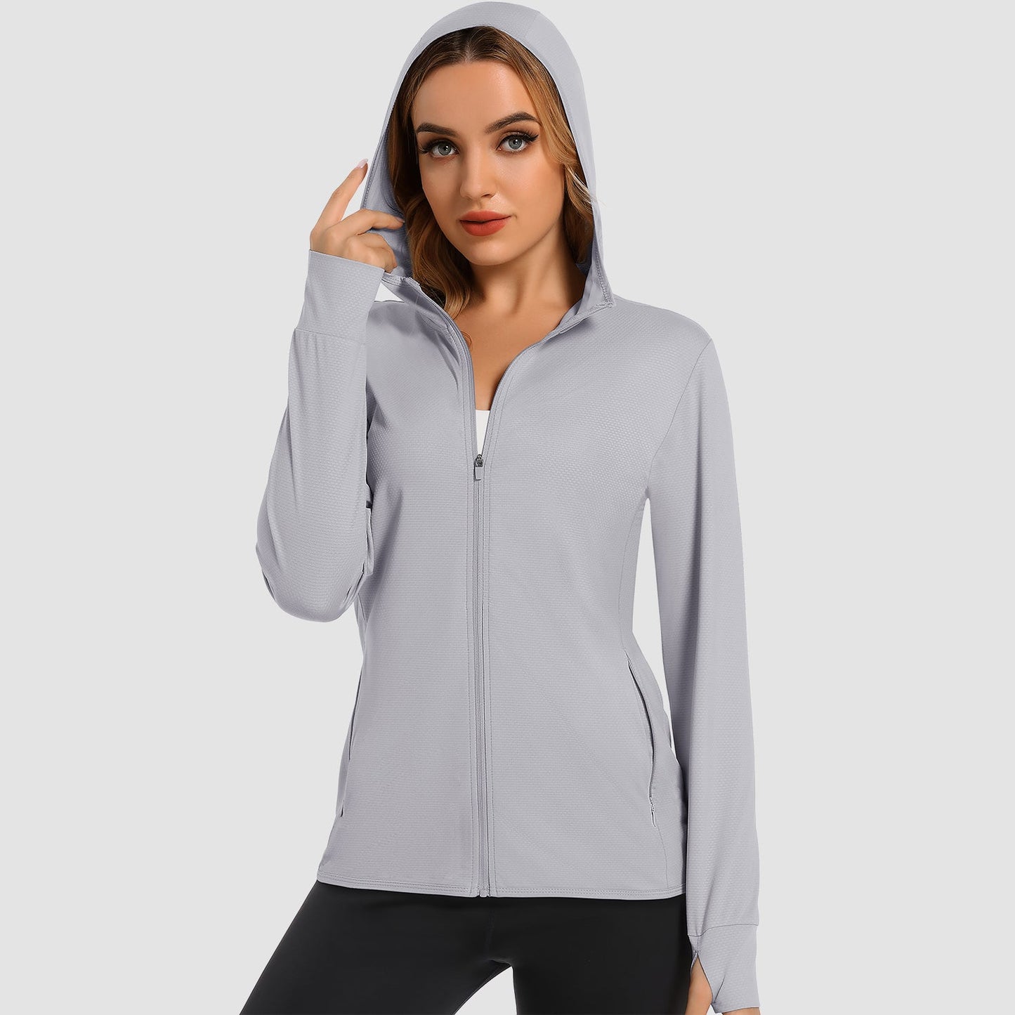 Damen UV-Sonnenschutzmantel, Hemden, langärmelig, schnelltrocknend, für Workout, Wandern, sportlich, leichte Pufferjacke mit Kapuze