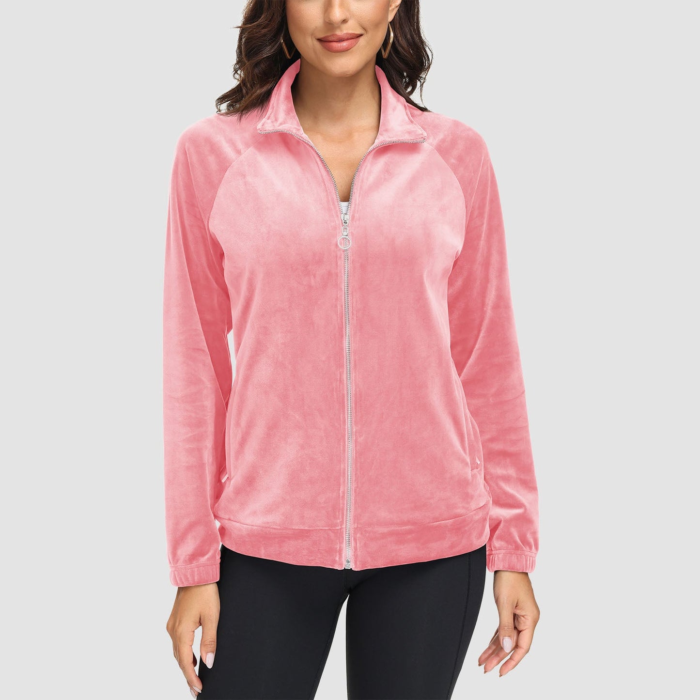 Women's Velour Jackets Full Zip Up Fleece Jacket With Zipper Pockets Soft Winter Jackets