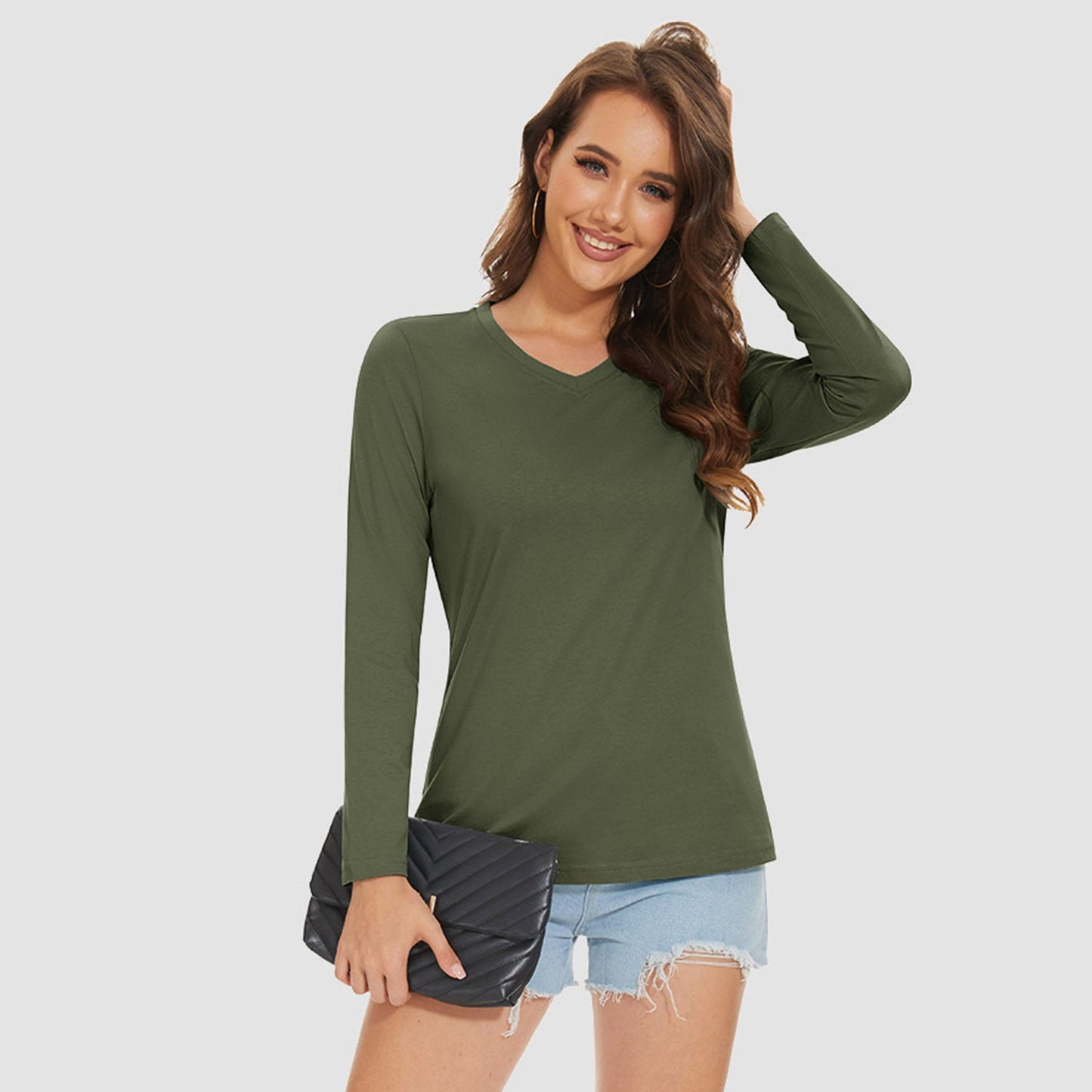 Women's Cotton V-Neck Shirts Long Sleeve Moisture Wicking Basic Tees Breathable