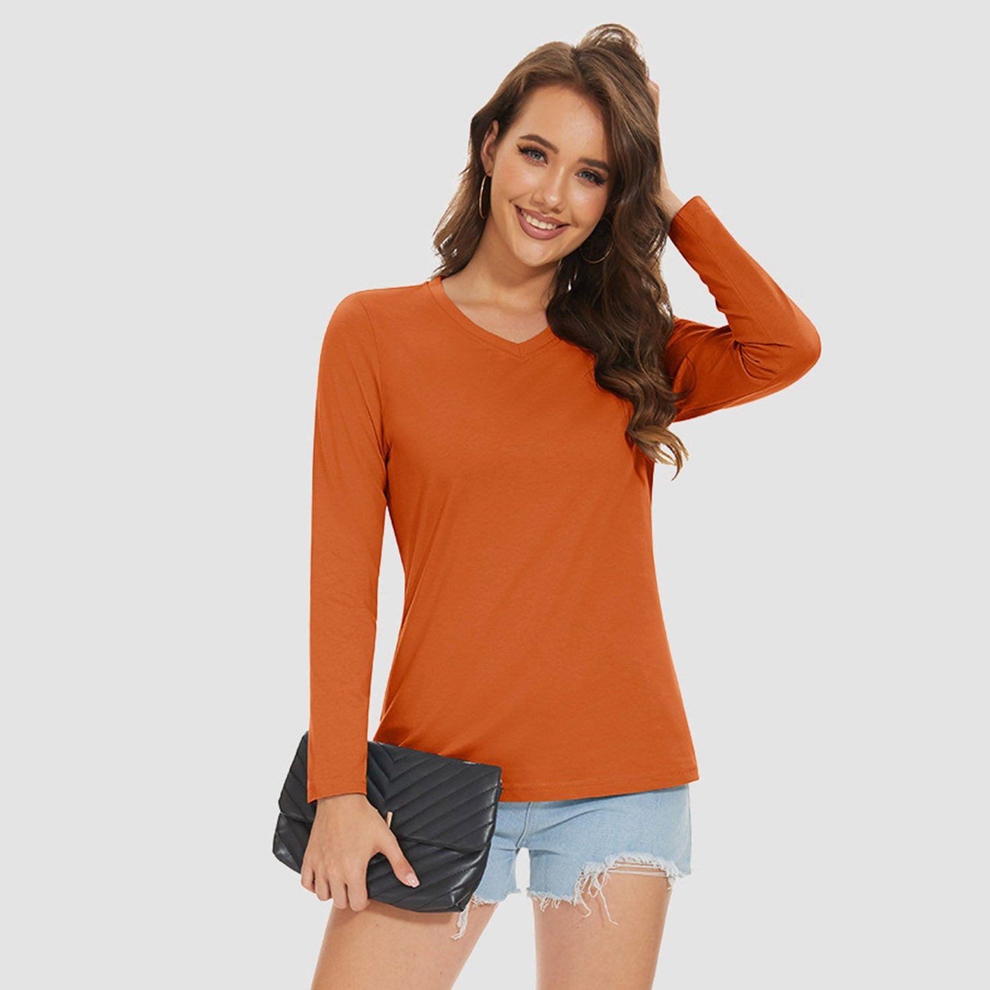 Women's Cotton V-Neck Shirts Long Sleeve Moisture Wicking Basic Tees Breathable