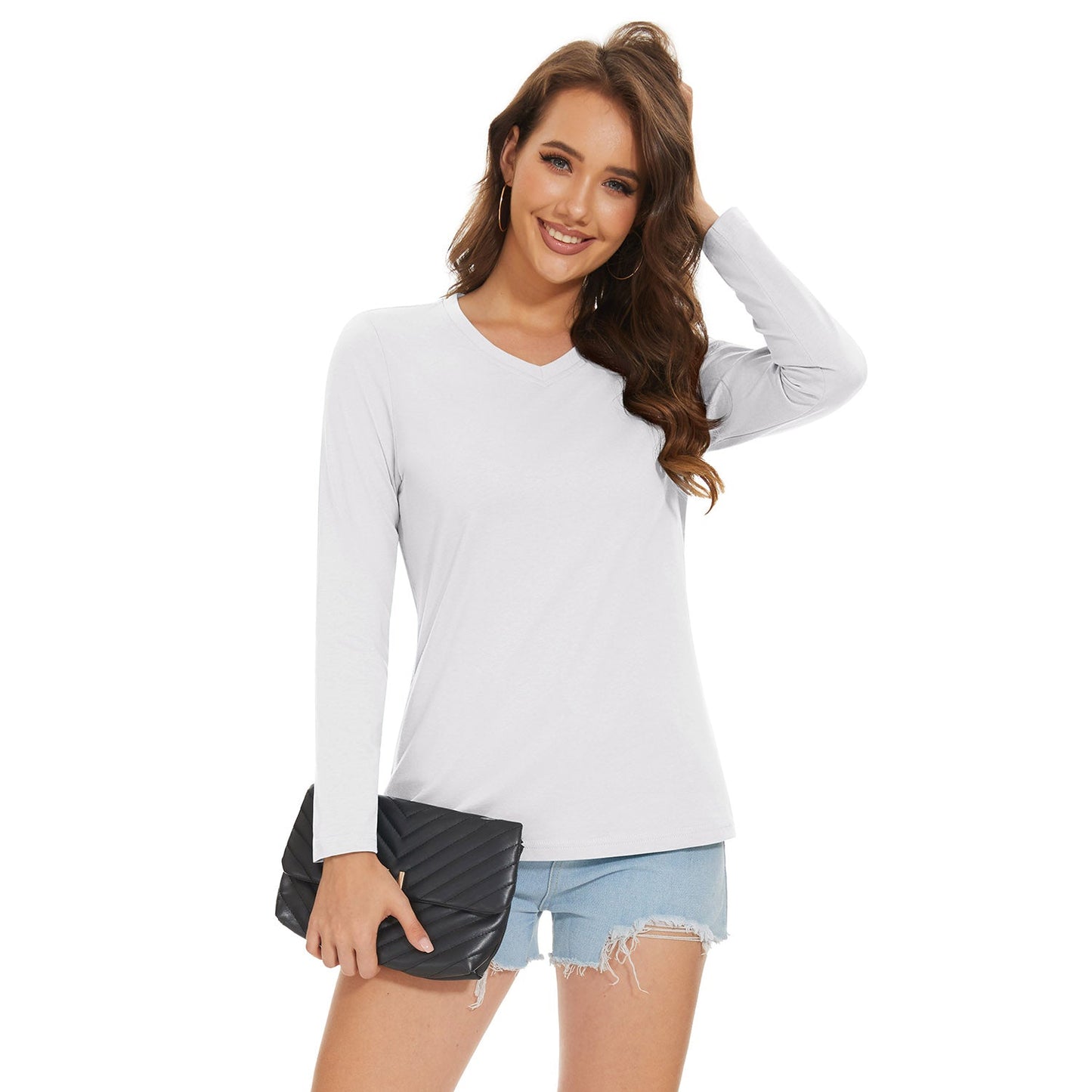 Women's Cotton V-Neck Shirts Long Sleeve Moisture Wicking Basic Tees Breathable