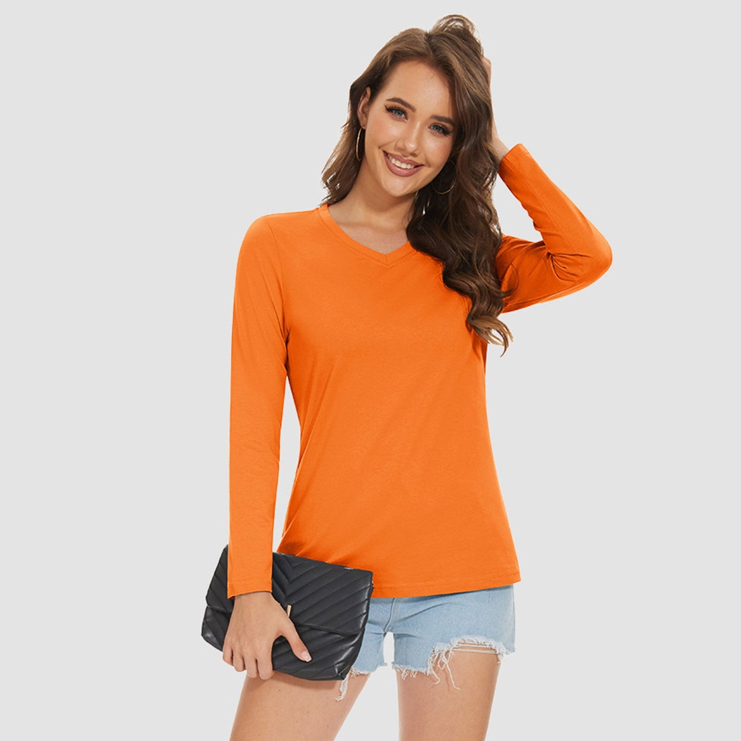Women's Cotton V-Neck Shirts Long Sleeve Moisture Wicking Basic Tees Breathable