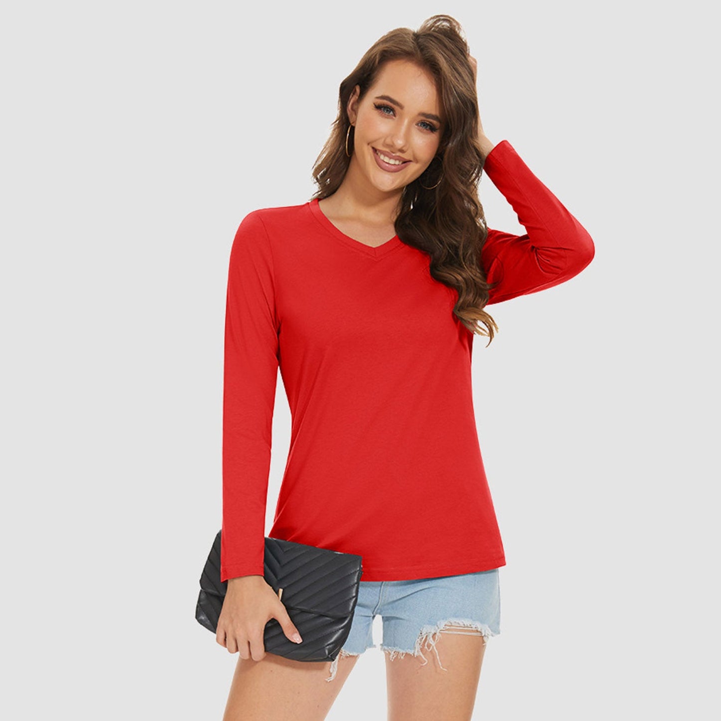 Women's Cotton V-Neck Shirts Long Sleeve Moisture Wicking Basic Tees Breathable
