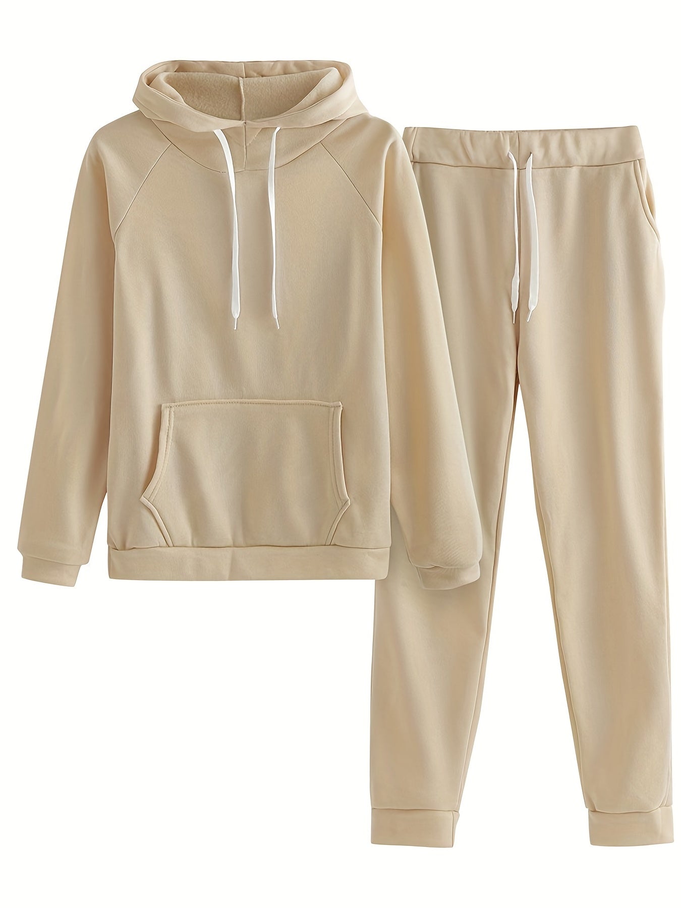 Solid Two-piece Set, Hoodie & Drawstring Pants