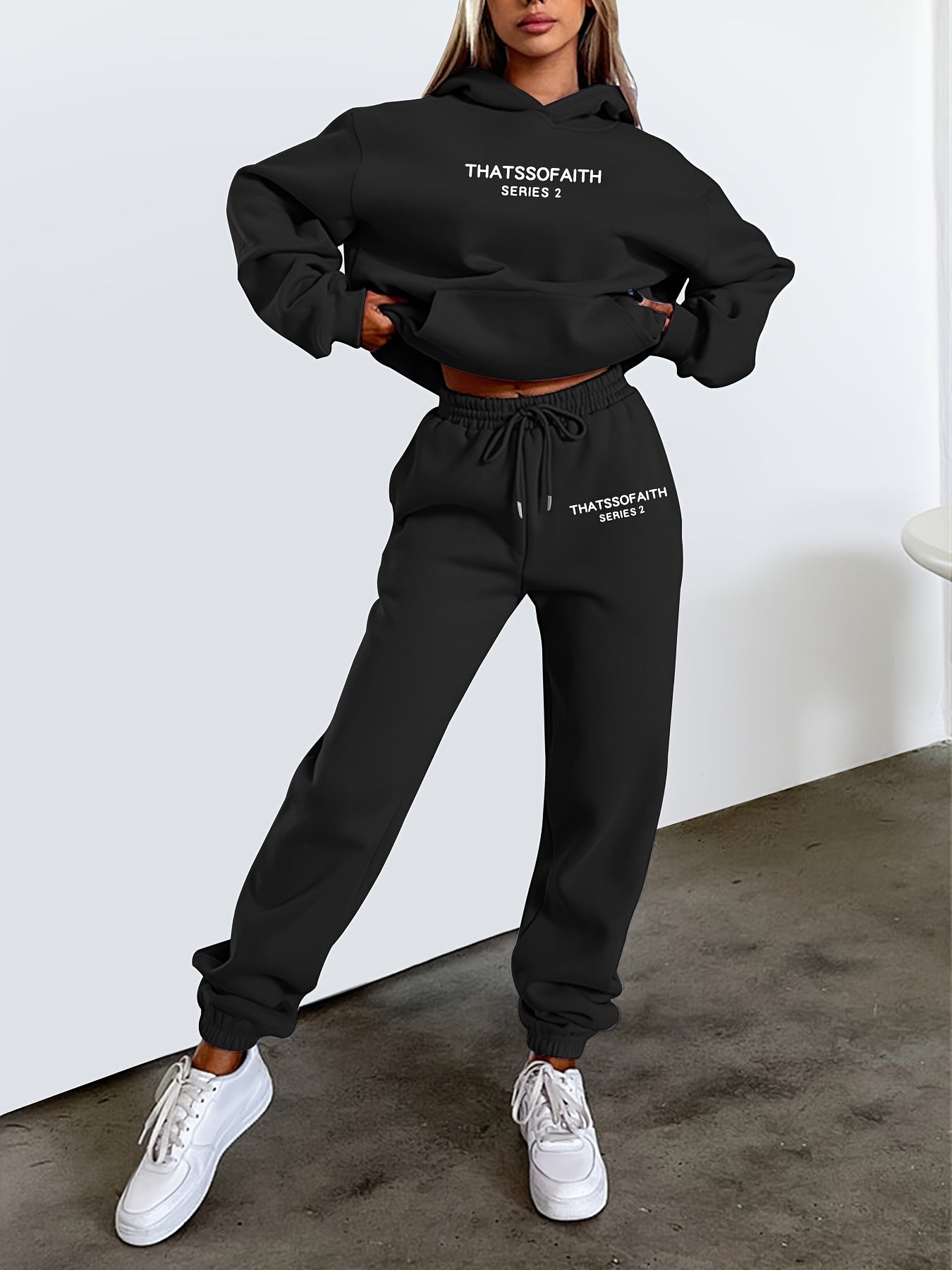 Letter Print Casual Two-piece Set, Hooded Top & Jogger Pants