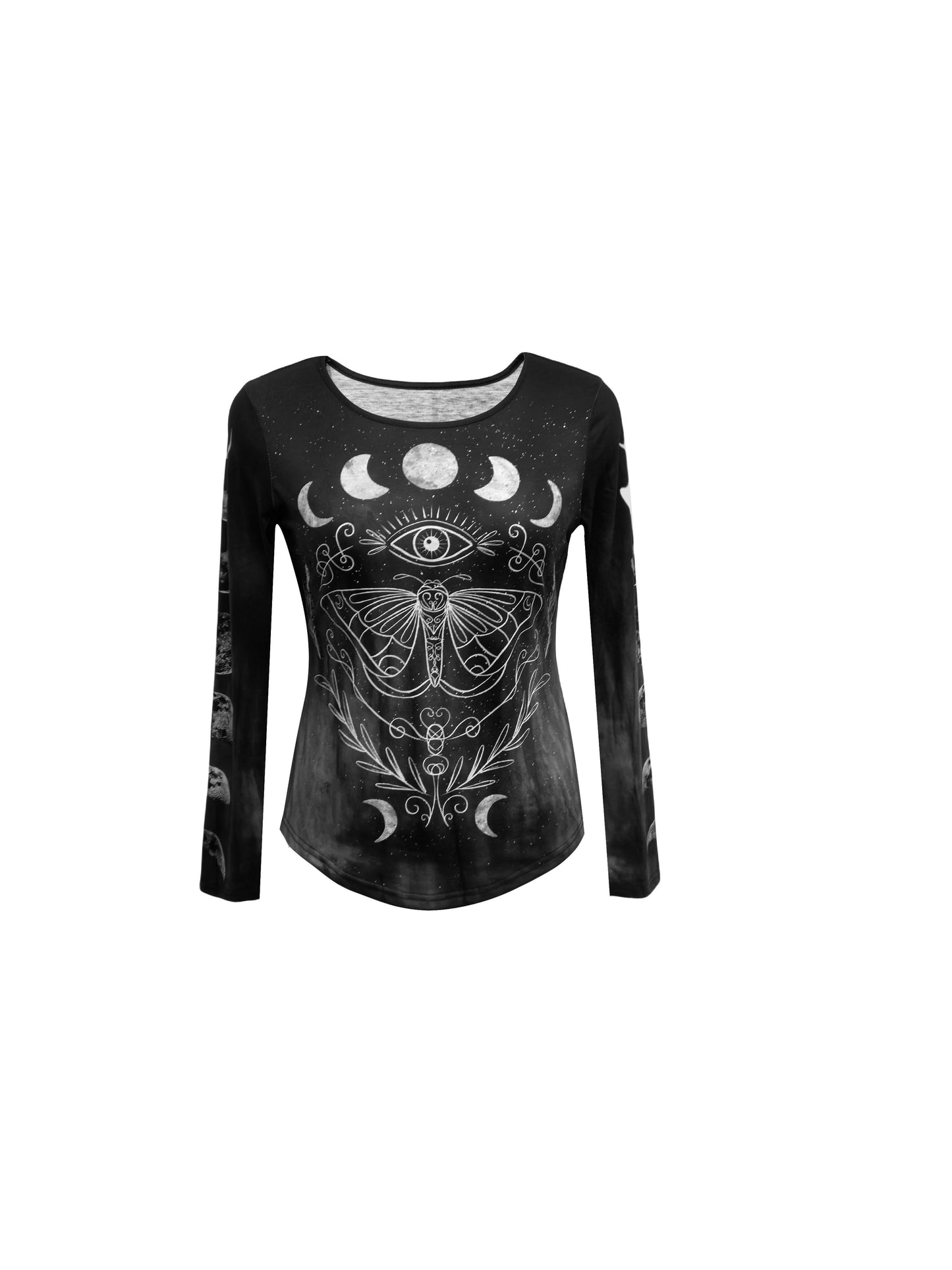 Camiseta casual e estilosa com estampa de borboleta do Ramadã e gola redonda de manga comprida para mulheres