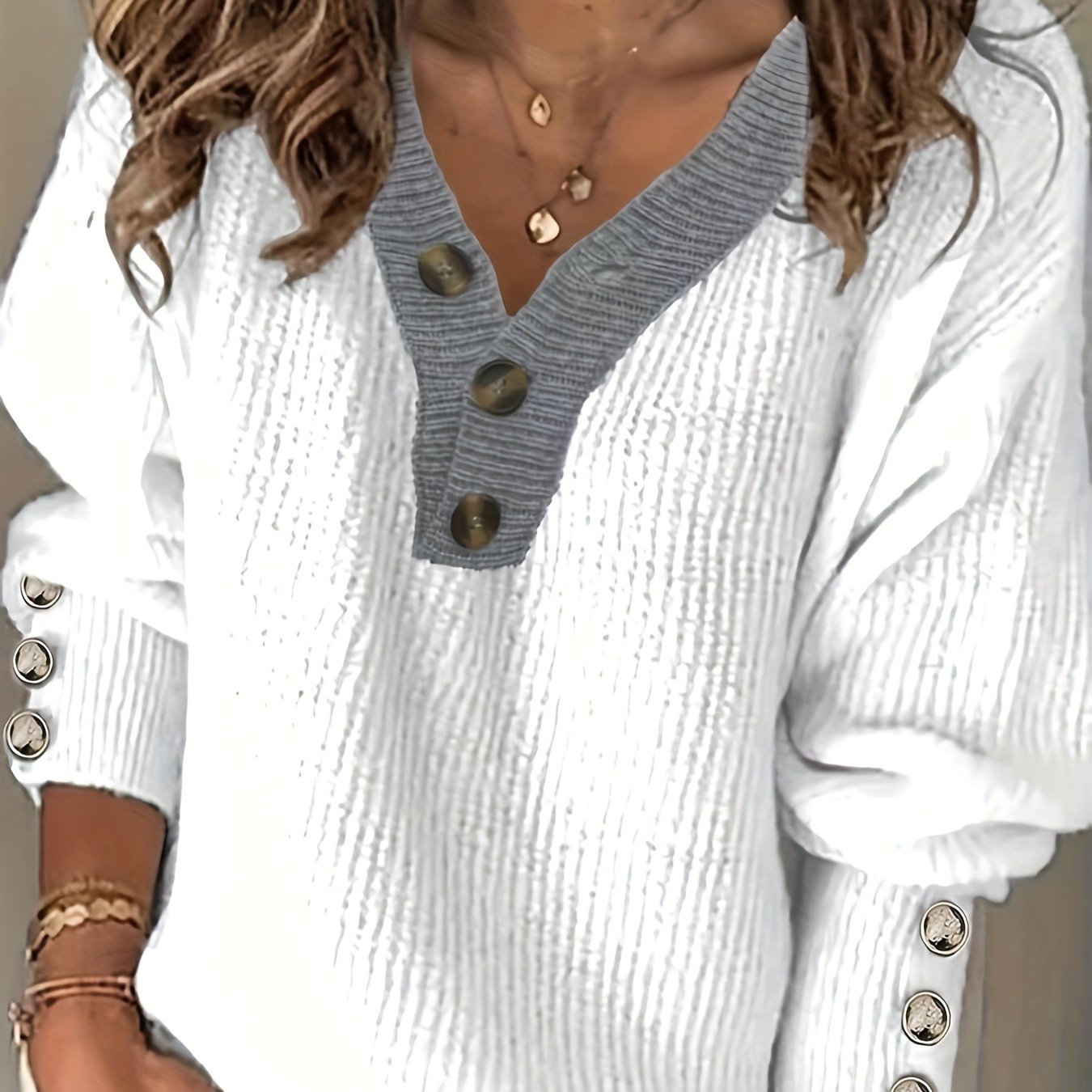 V-Neck Women's Sweater, Button Detail, Knit Polyester, Fall/Winter