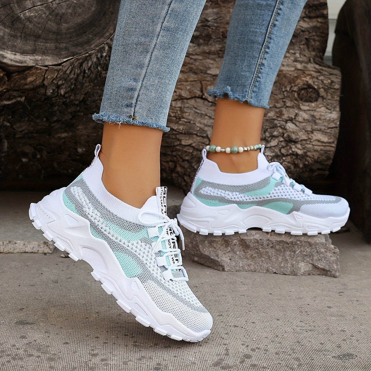 Women's Colorblock Knit Sneakers, Breathable Low Top Running Shoes (Plus Size)