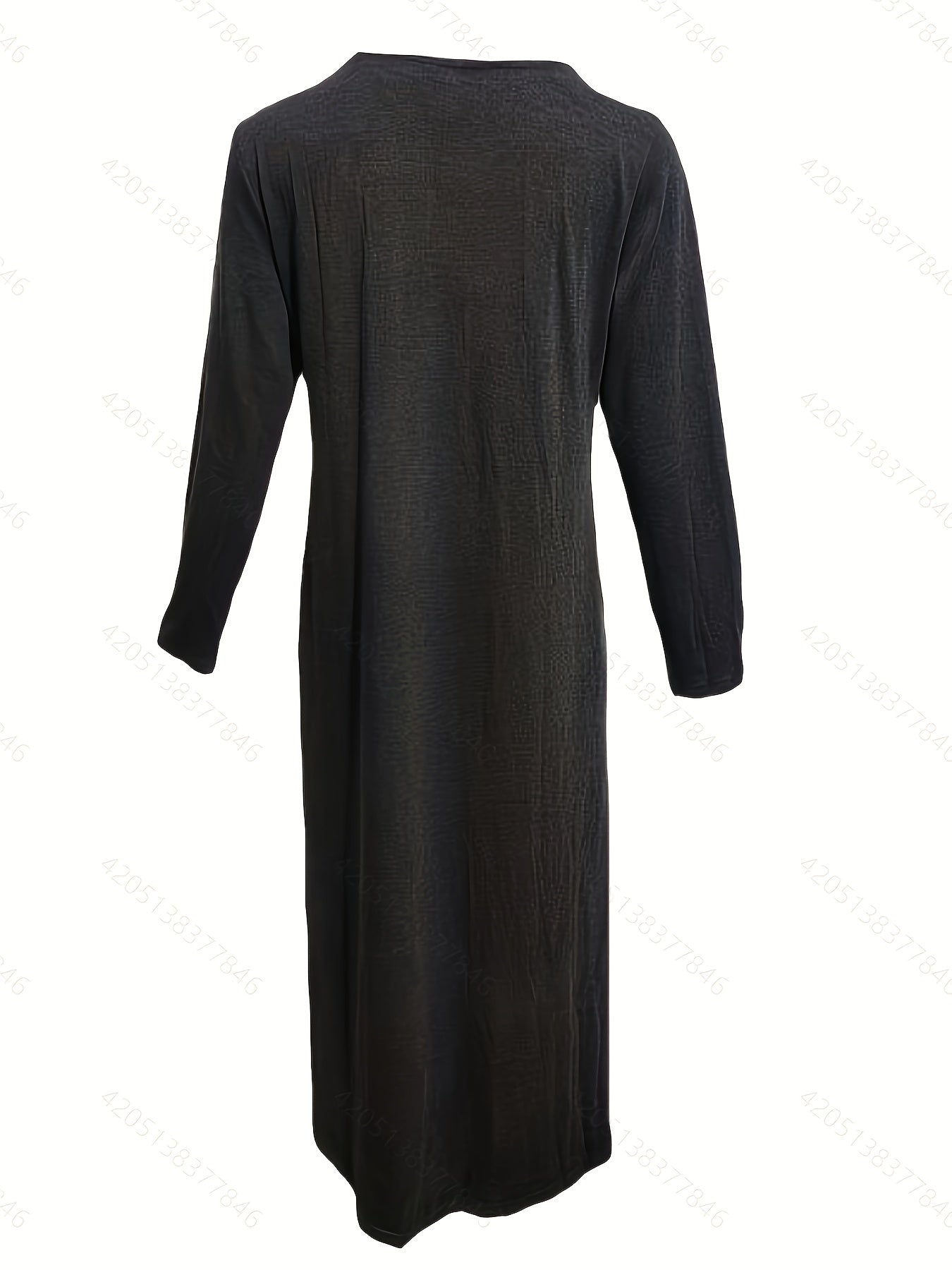 Vestido midi com botões frontais, manga comprida, bolsos e bainha com babados.