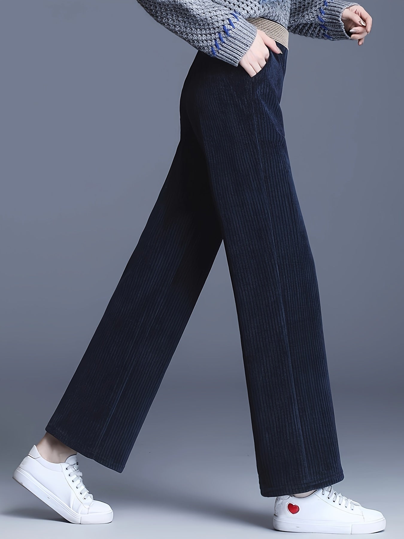 Fleecegefütterte Cordhose mit weitem Bein – Hohe Taille, lässiger gerader Schnitt, Übergröße