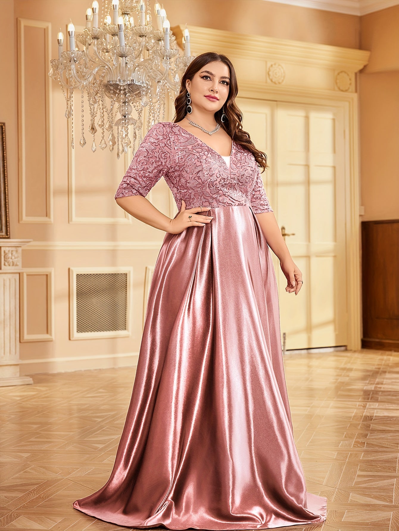 Elegant Navy Blue Sequin V-Neck Dress with Slim Fit Waist - Mid-Sleeve, A-Line Wedding & Banquet Gown, Polyester, Hand Washable