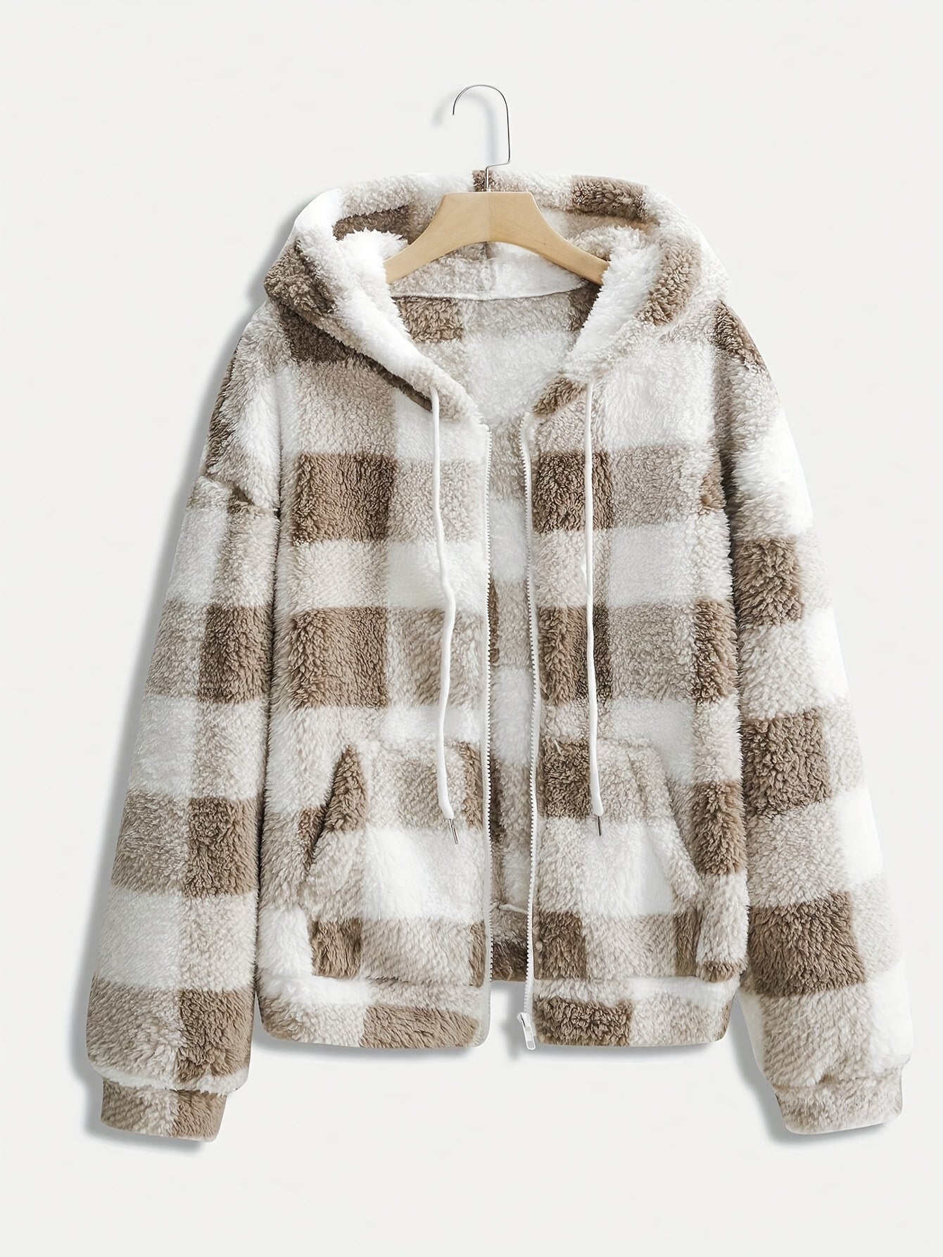 Plaid Hooded Zipper Coat, Casual Fall/Winter Outerwear