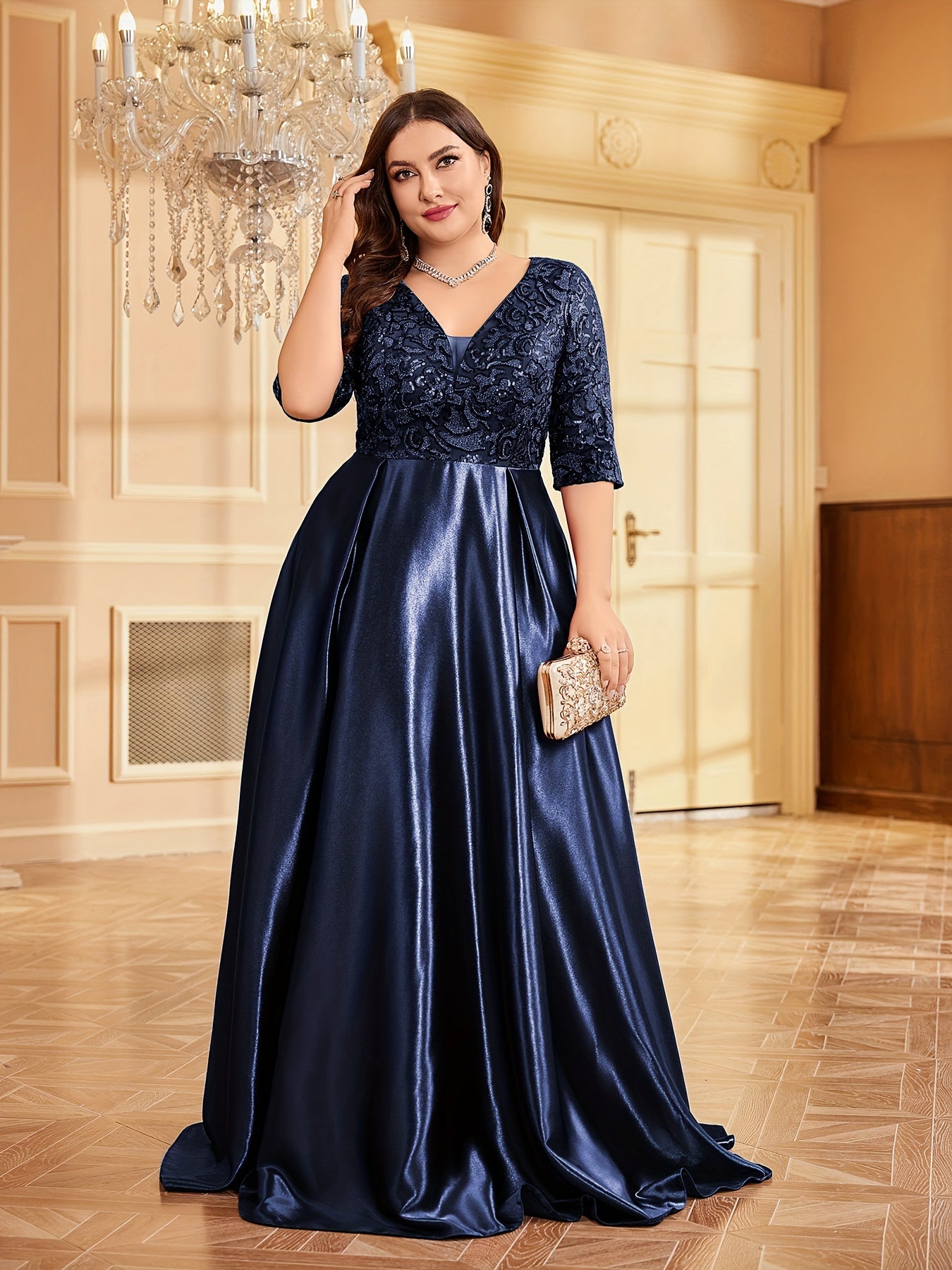 Elegant Navy Blue Sequin V-Neck Dress with Slim Fit Waist - Mid-Sleeve, A-Line Wedding & Banquet Gown, Polyester, Hand Washable
