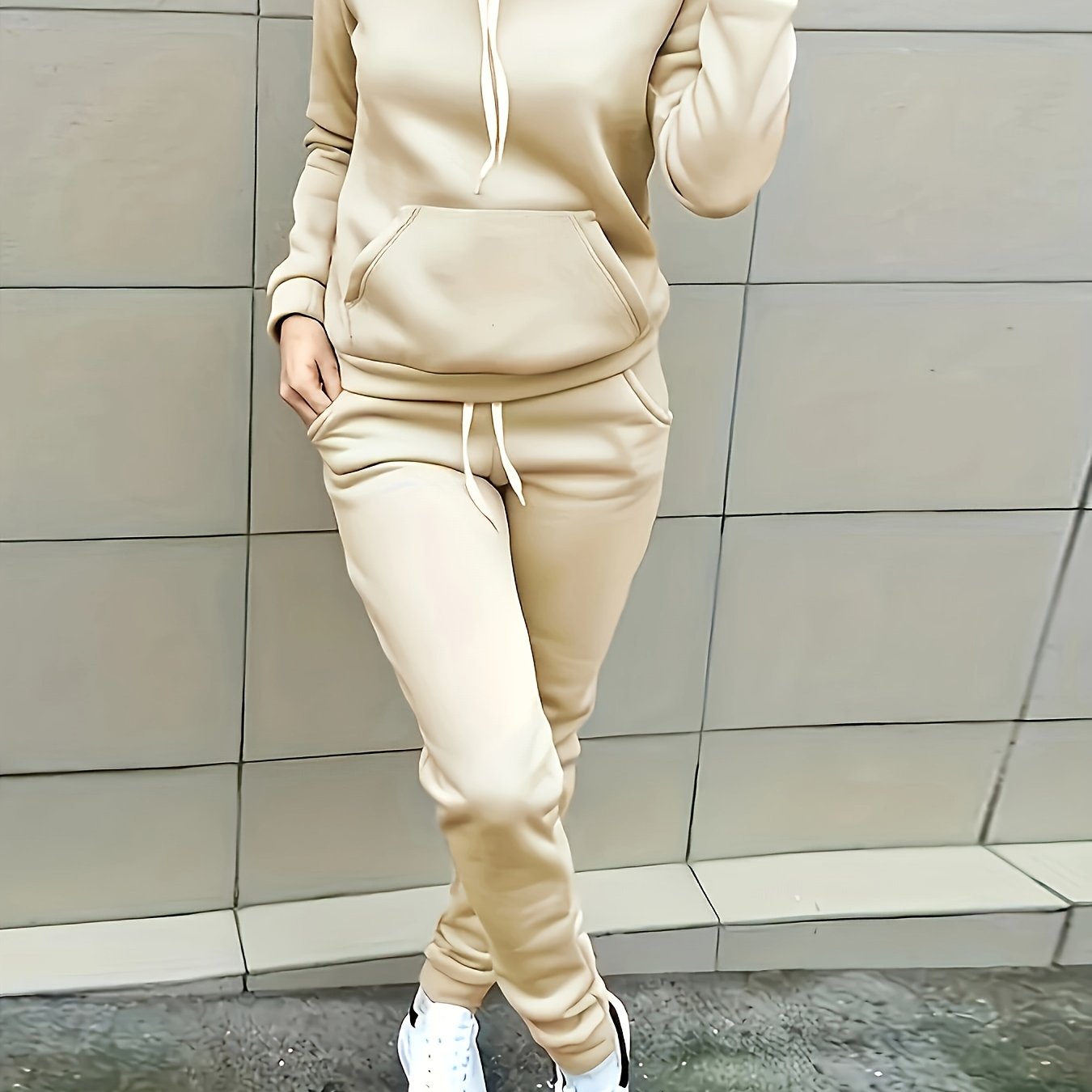Solid Two-piece Set, Hoodie with Kangaroo Pocket & Drawstring Pants