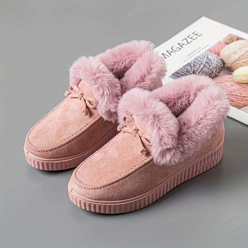 Women's Solid Color Boots, Bowknot Decor Round Toe Non-slip Soft Thick Sole Fluffy Velvet Warm Boots, Winter Comfy Shoes