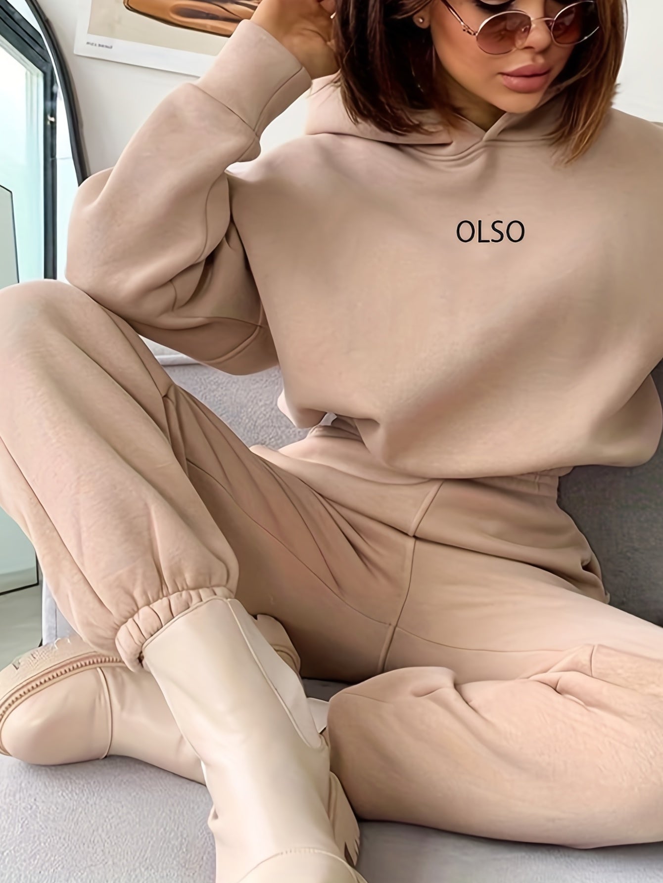 Casual Two-Piece Set - Letter Print Hooded Sweatshirt & Elastic Waist Sweatpants