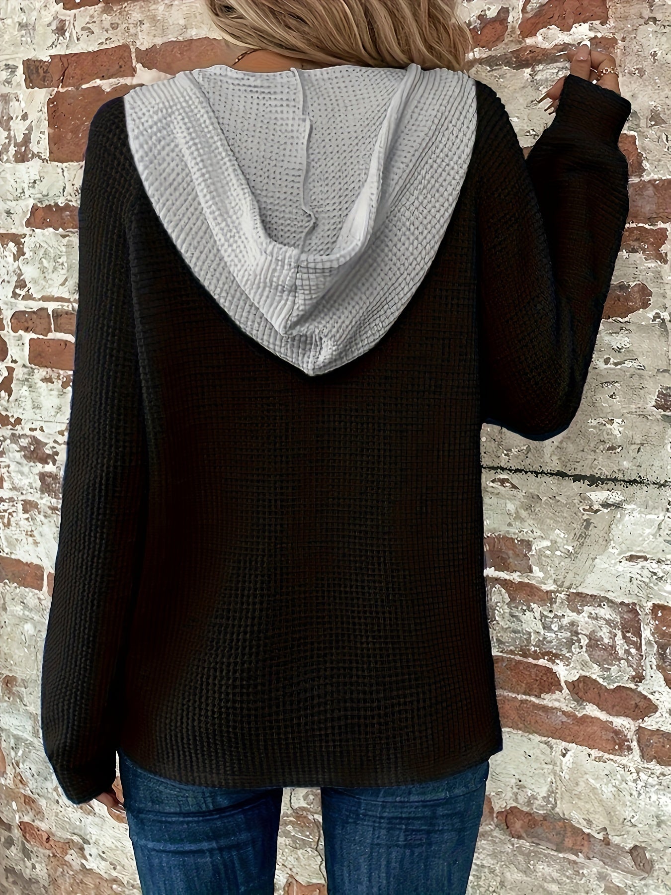 Color Block Hoodie, Button Front, Long Sleeve, Casual Sweatshirt for Women.