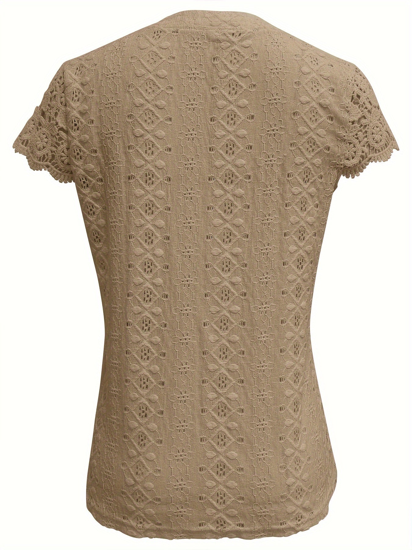 Camiseta feminina com decote em V, renda e detalhes em botões, manga curta, blusa casual de verão.
