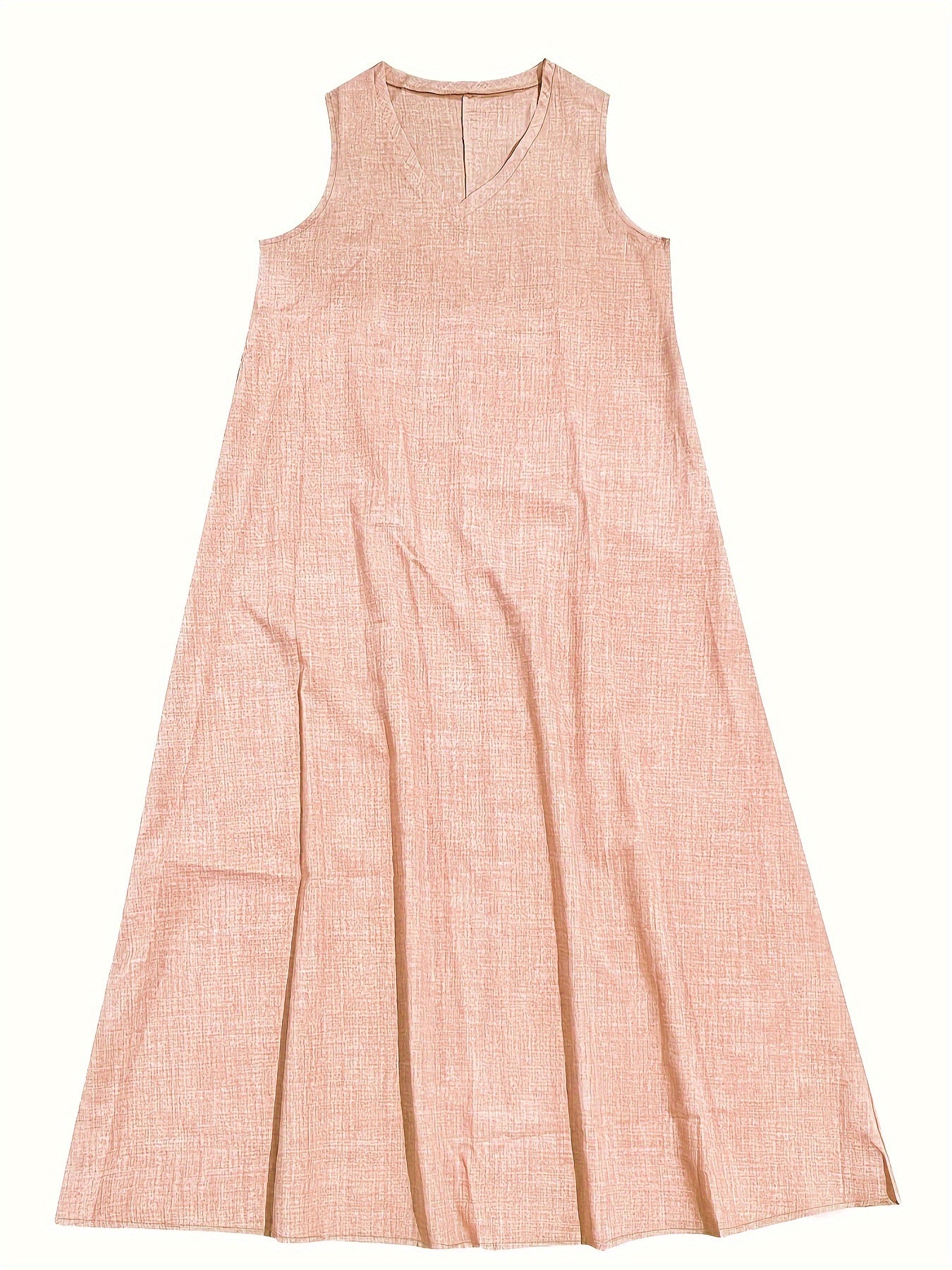 Vestido longo com decote em V, sem mangas, cor sólida, ideal para primavera e verão.