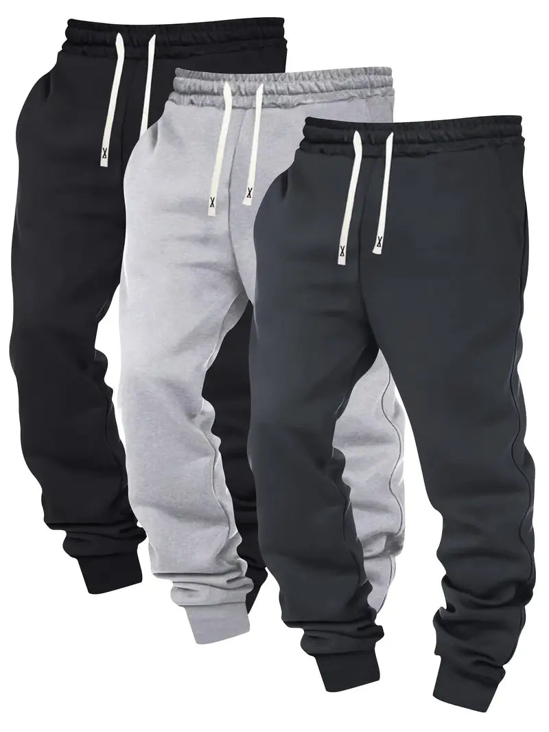 3pcs Men's Joggers - Solid Color, Drawstring Waist, Casual Athletic Sweatpants