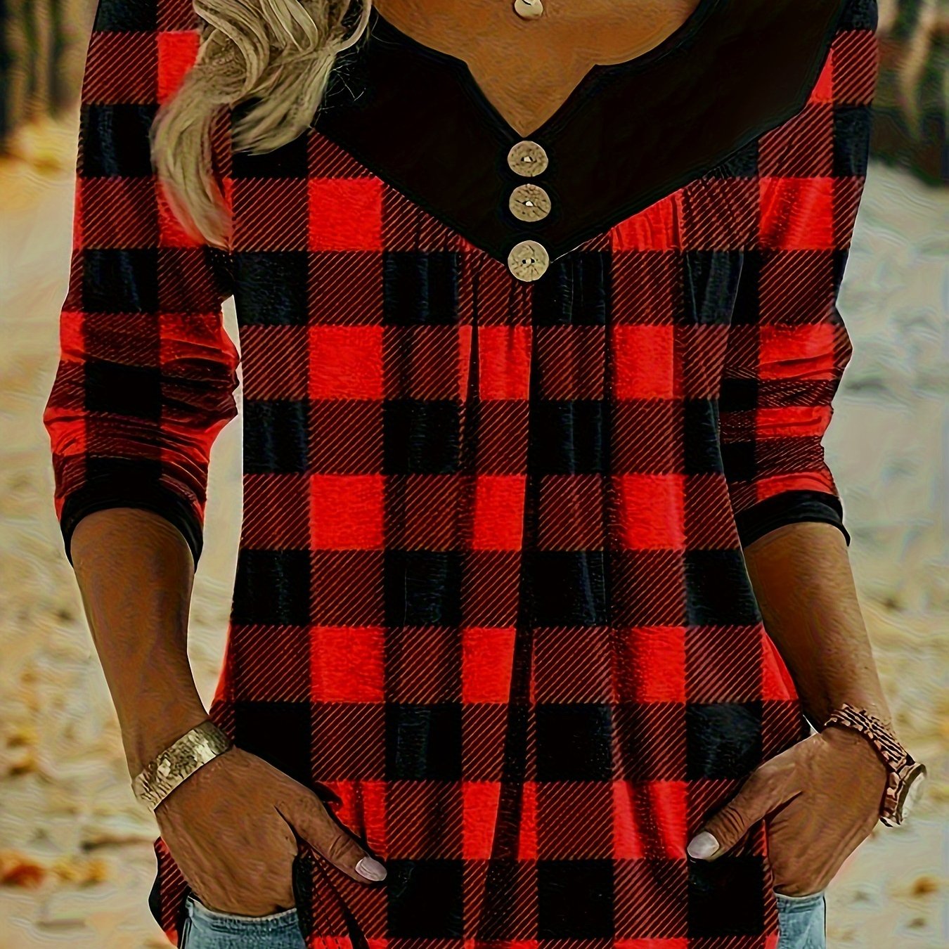 Camiseta xadrez com decote em V para mulheres, estilo boho, mangas compridas.