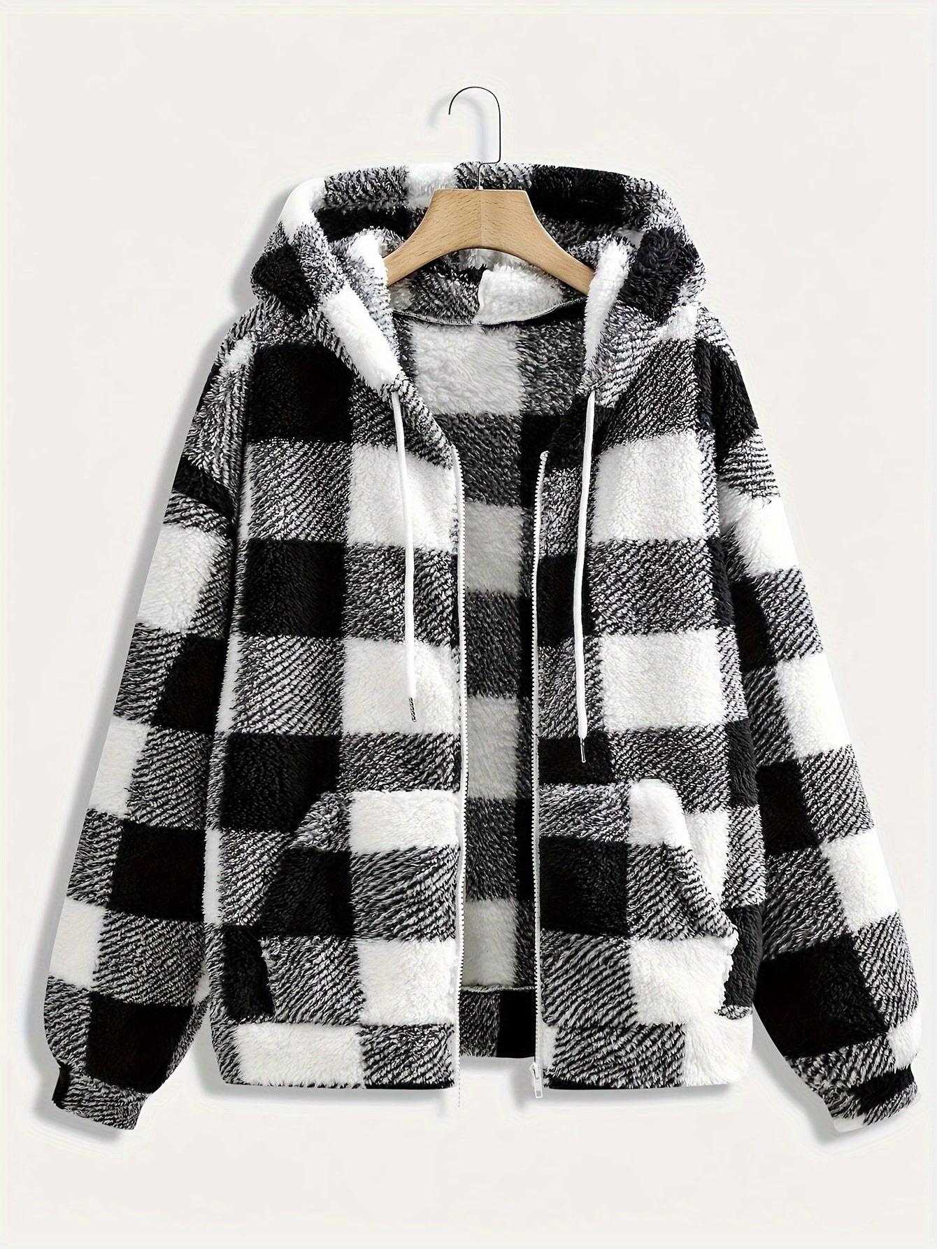 Plaid Hooded Zipper Coat, Casual Fall/Winter Outerwear
