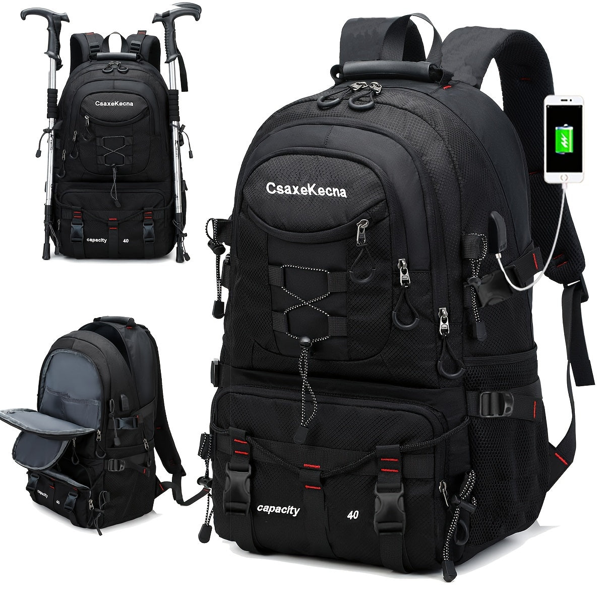 CASAKEMCA Mochila de viagem leve de nylon de 10,57 galões com porta de carregamento USB - à prova d'água, alças ajustáveis, vários compartimentos, ideal para caminhadas e acampamentos - presente perfeito para homens e mulheres, mochila para viagem